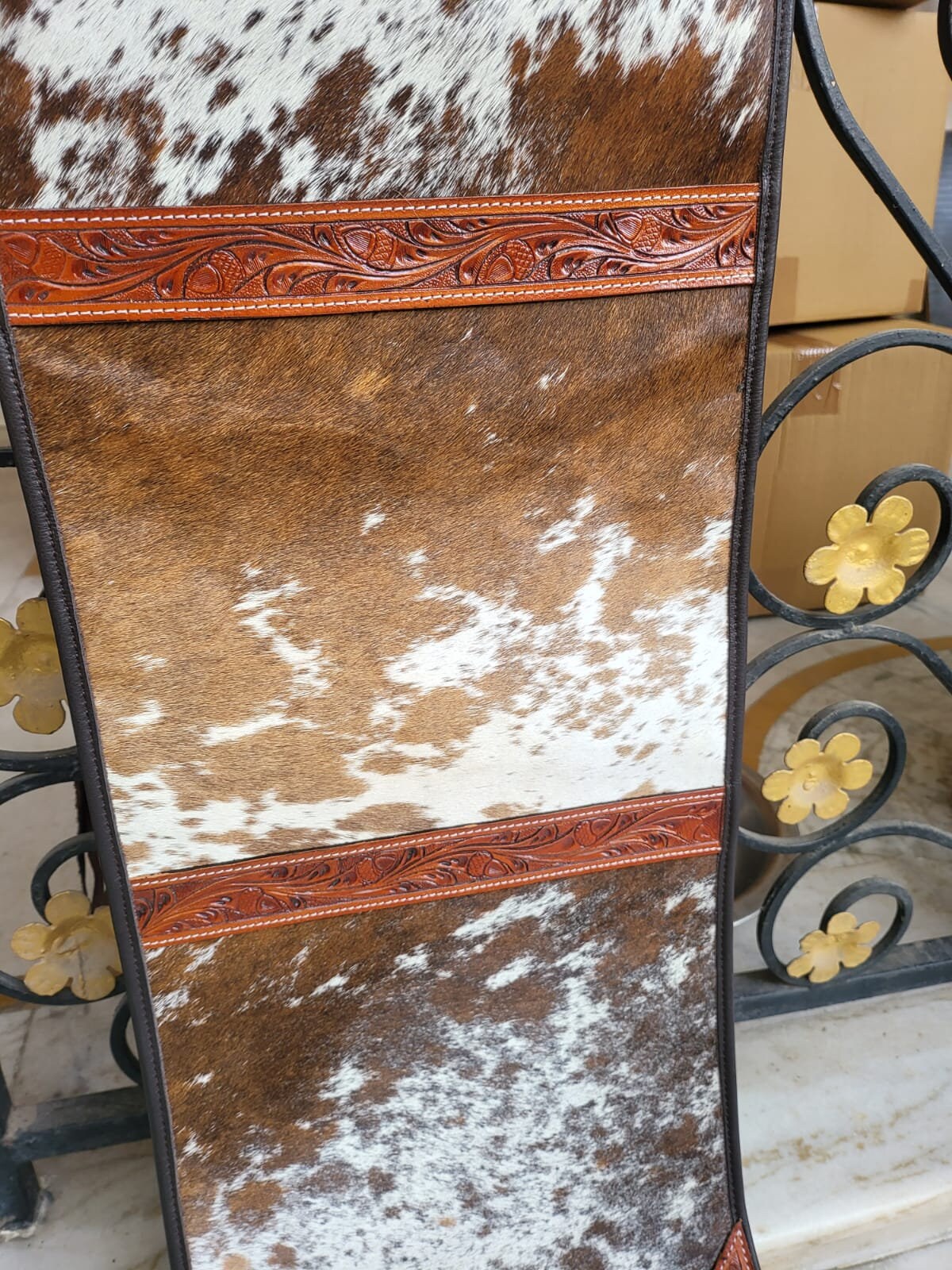 MOUSM Real Cow Hide Leather Table runner - 72x12 Inches, Acid Wash White & Brown Cowhide with Laser-Cut Engraved & Tooled Leather Patch and Black Leather Fringe