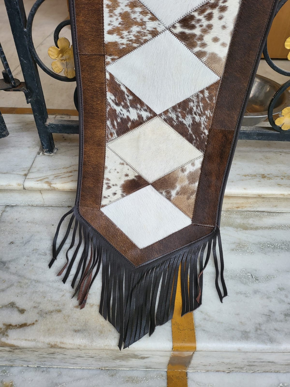 MOUSM Real Cow Hide Leather Table runner – 72x12 Inches, Table Runner on Acid Wash White Brown Cowhide Decorated with Cream Laser-Cut Patch and Black Leather Fringe on Both Sides