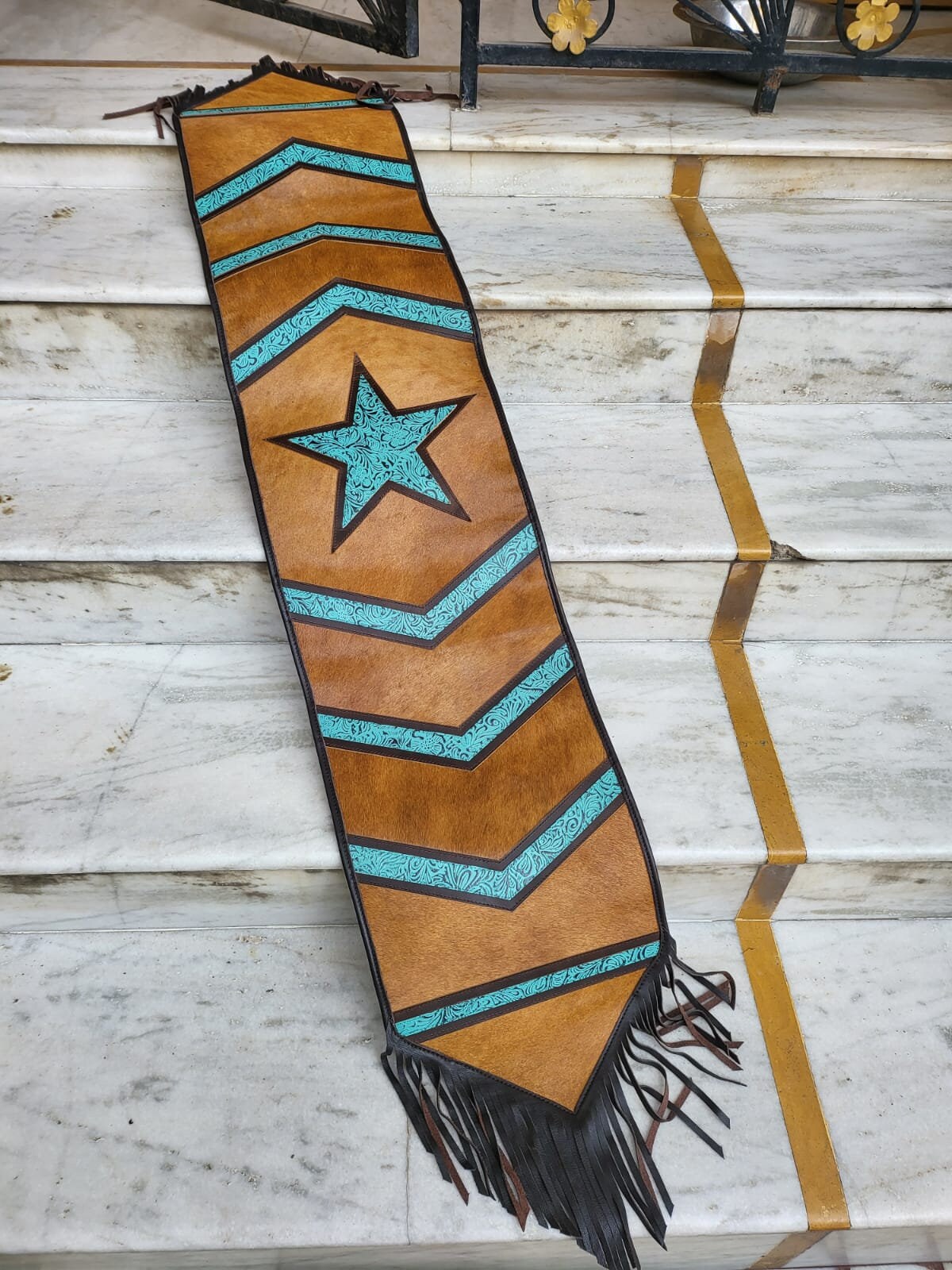 MOUSM Real Cowhide Leather Table Runner – 72x12 Inches, Hair-On Cowhide Decorated with a Stunning Turquoise Star Patch in the Center and Black Leather Fringe on Both Sides