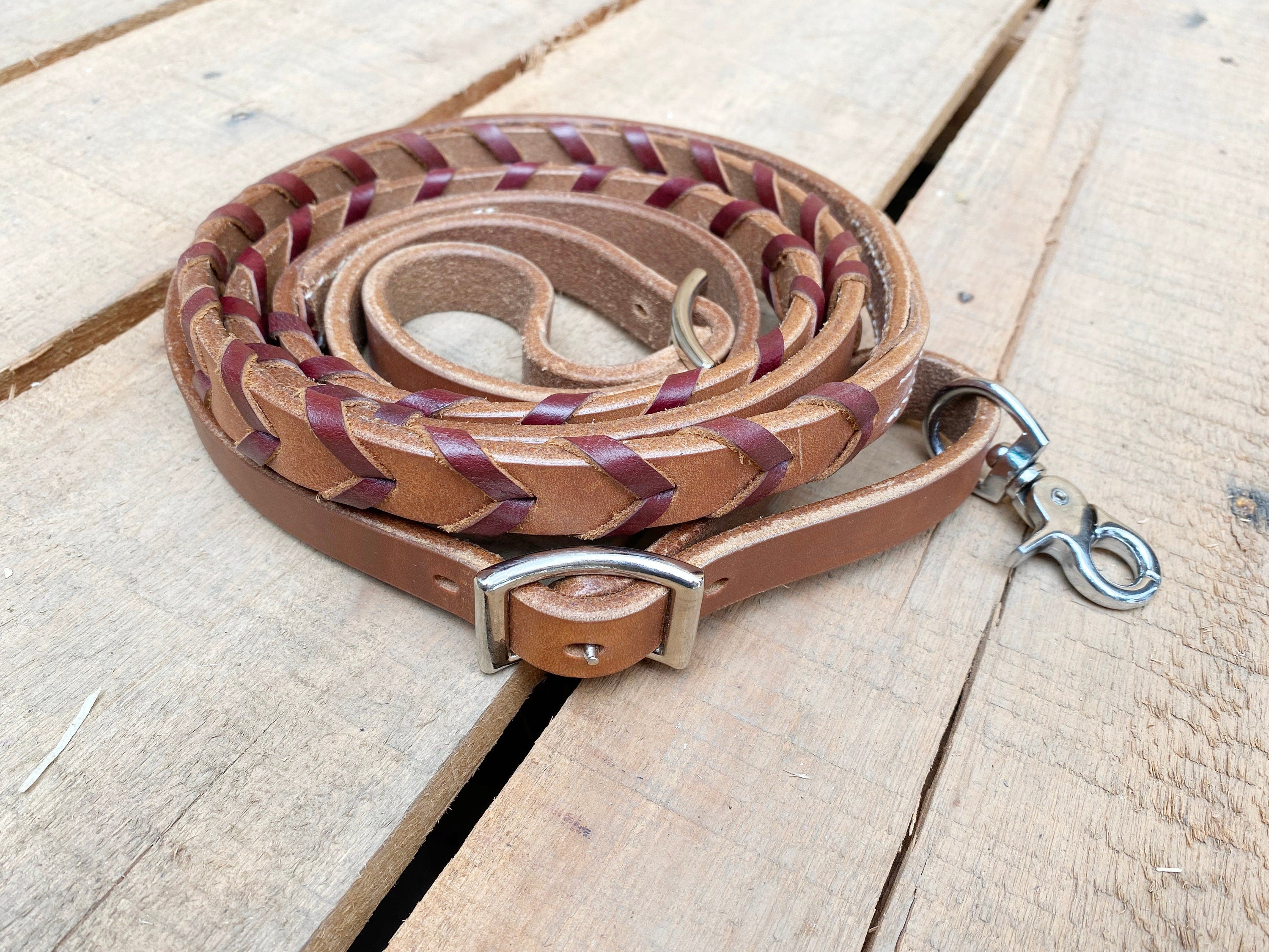 MOUSM Soft Leather Horse Reins – Western Laced Barrel Reins, 8 Feet Long & 6/8 Inches Wide – Braided Riding Reins in Various Colors for Trail Riding, Barrel Racing & Rodeo Tack