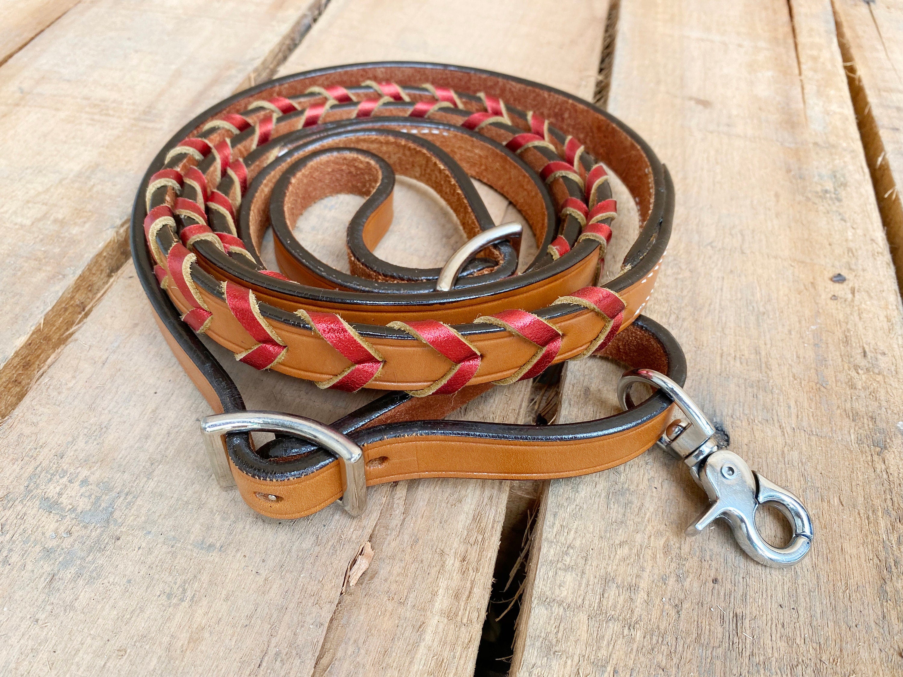 MOUSM Soft Leather Horse Reins – Western Laced Barrel Reins, 8 Feet Long & 6/8 Inches Wide – Braided Riding Reins in Various Colors for Trail Riding, Barrel Racing & Rodeo Tack