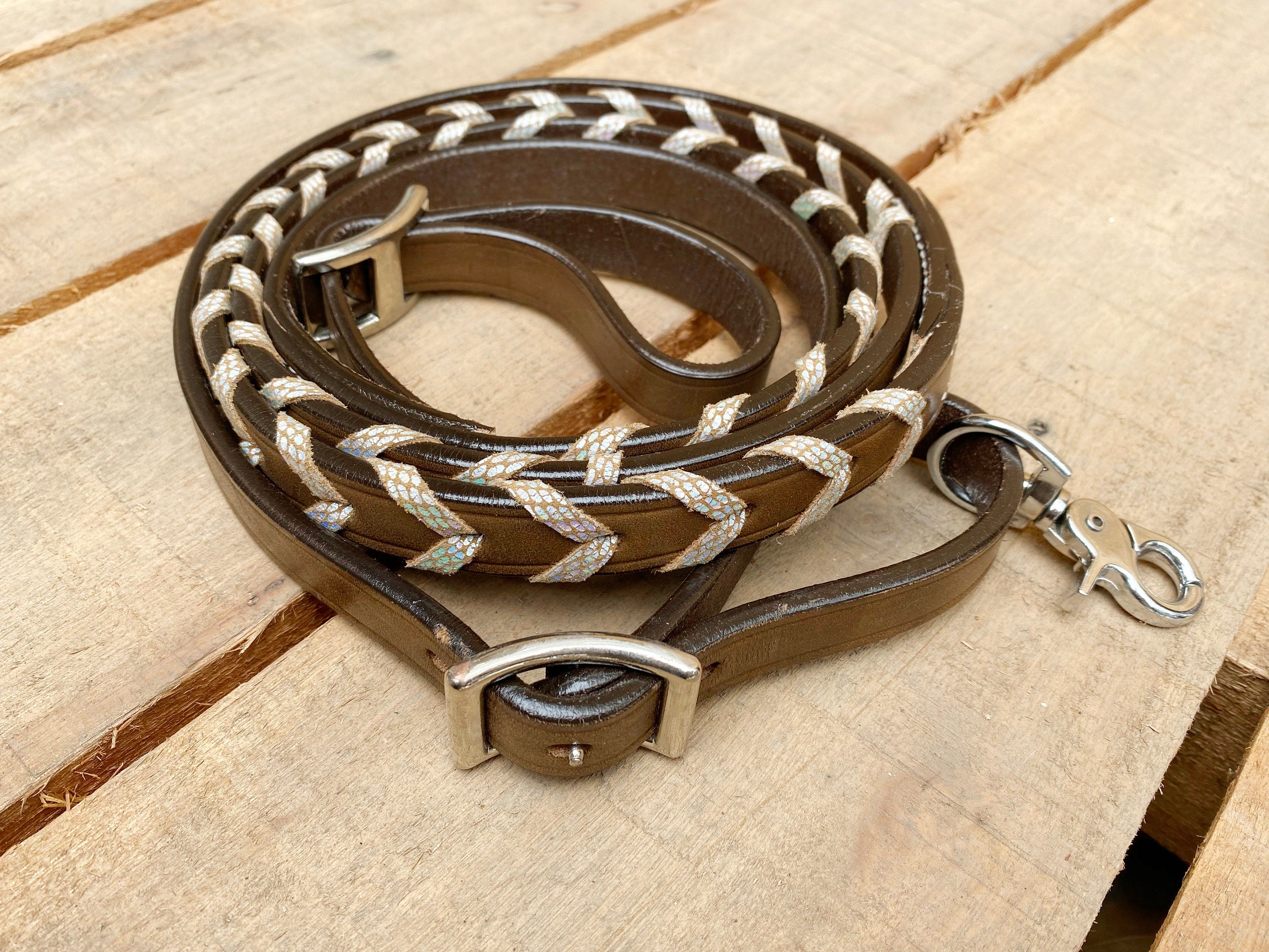 MOUSM Soft Leather Horse Reins – Western Laced Barrel Reins, 8 Feet Long & 6/8 Inches Wide – Braided Riding Reins in Various Colors for Trail Riding, Barrel Racing & Rodeo Tack