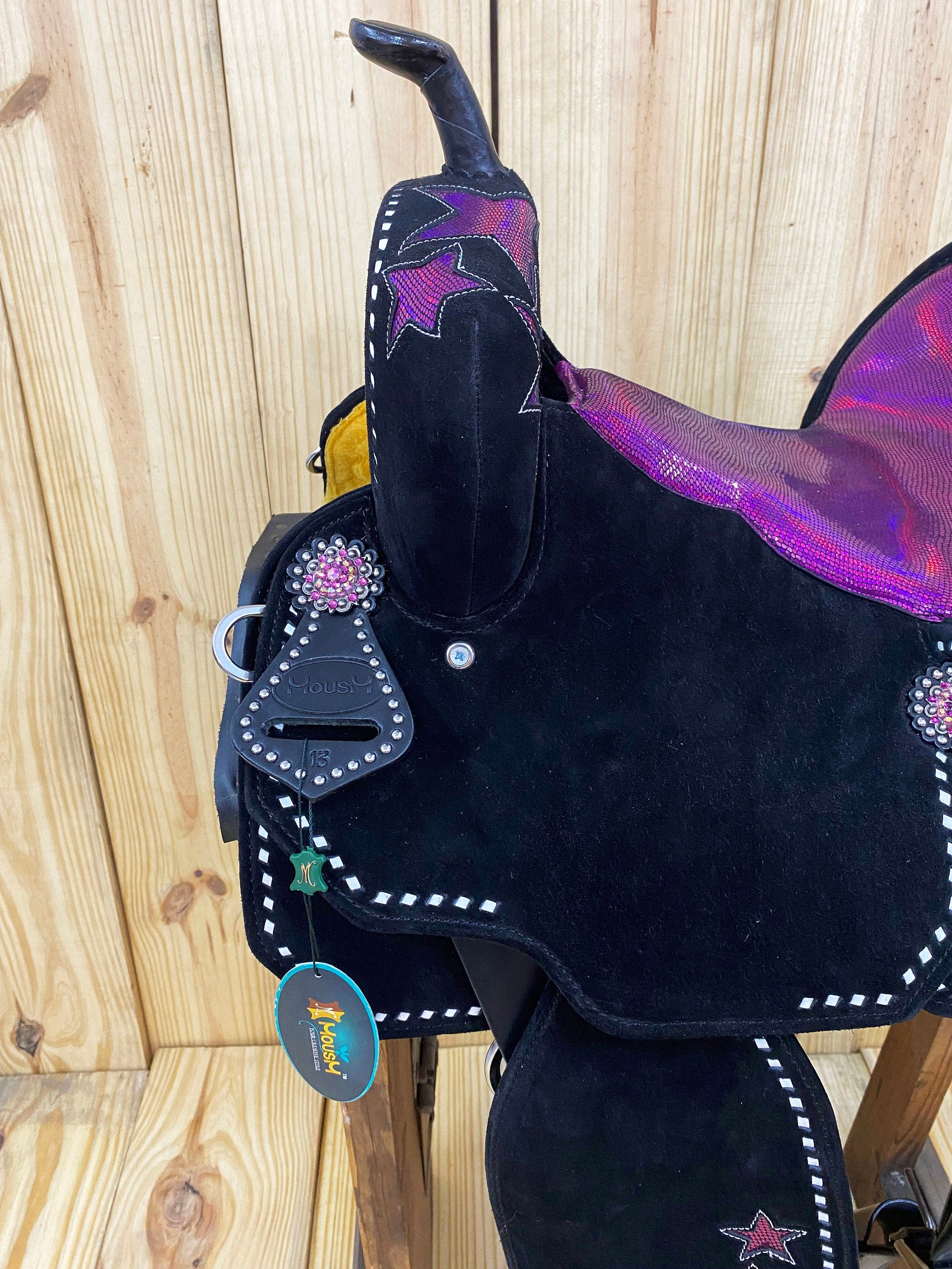 MOUSM Western Barrel Saddle - Built on a Rawhide Covered Fiber Tree, Saddle Made from Genuine Black Argentina Leather with Pink Star Glittered Patch, Available in 13"-16" Seat Options
