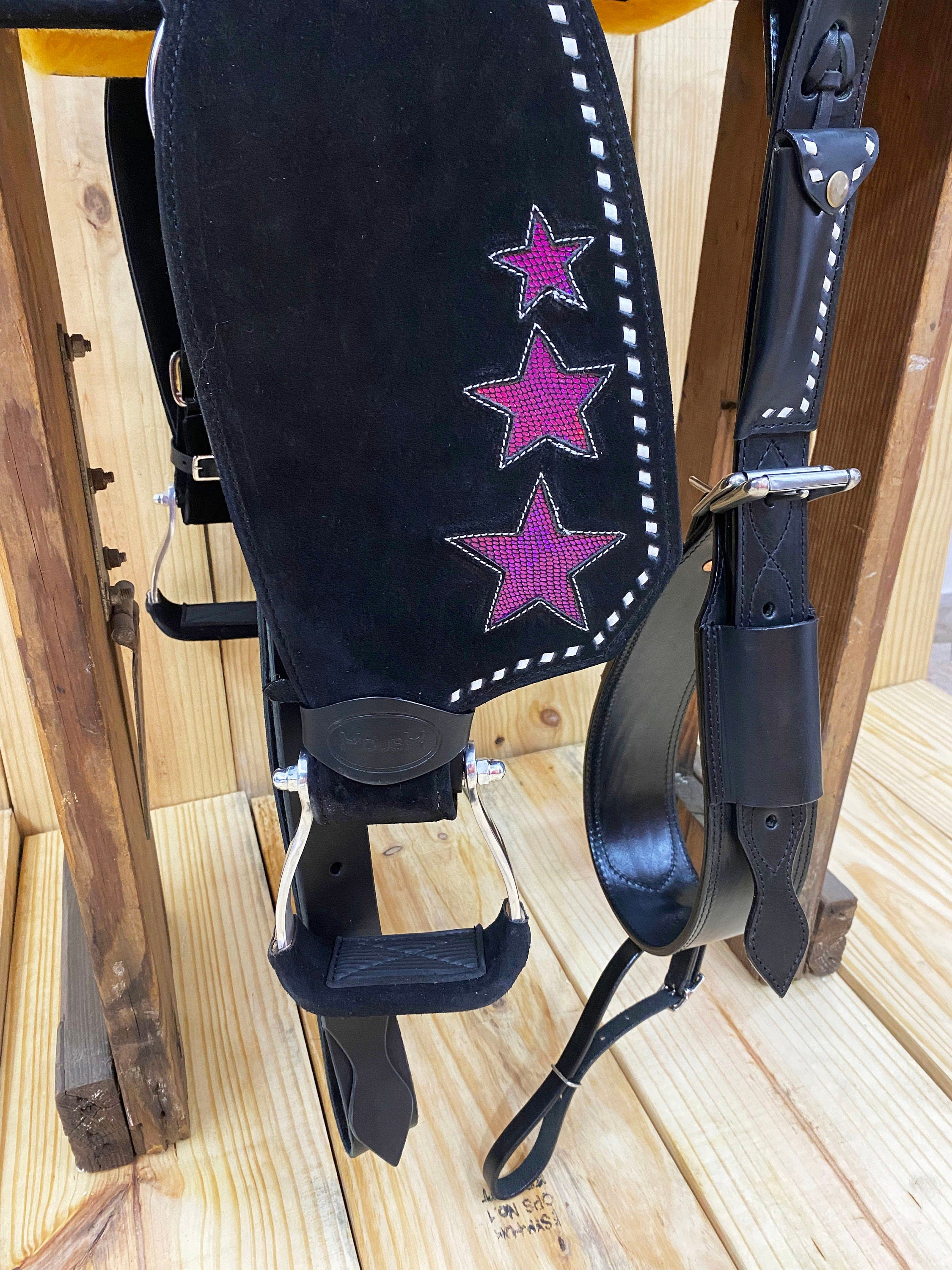 MOUSM Western Barrel Saddle - Built on a Rawhide Covered Fiber Tree, Saddle Made from Genuine Black Argentina Leather with Pink Star Glittered Patch, Available in 13"-16" Seat Options
