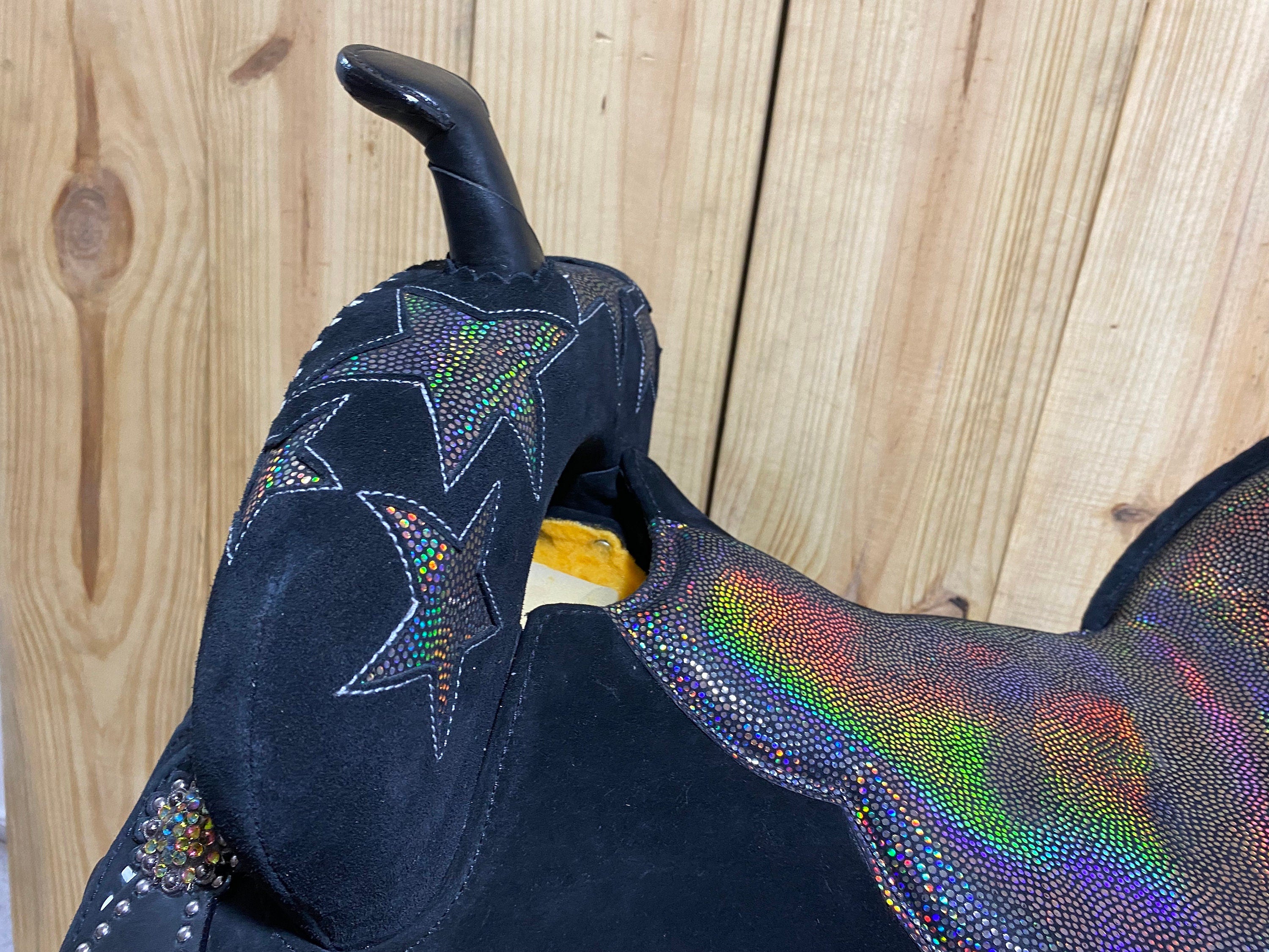 MOUSM Western Barrel Saddle - Built on a Rawhide Covered Fiber Tree, Saddle Made from Genuine Black Argentina Leather with Holographic Star Patch, Available in 13"-17" Seat Options