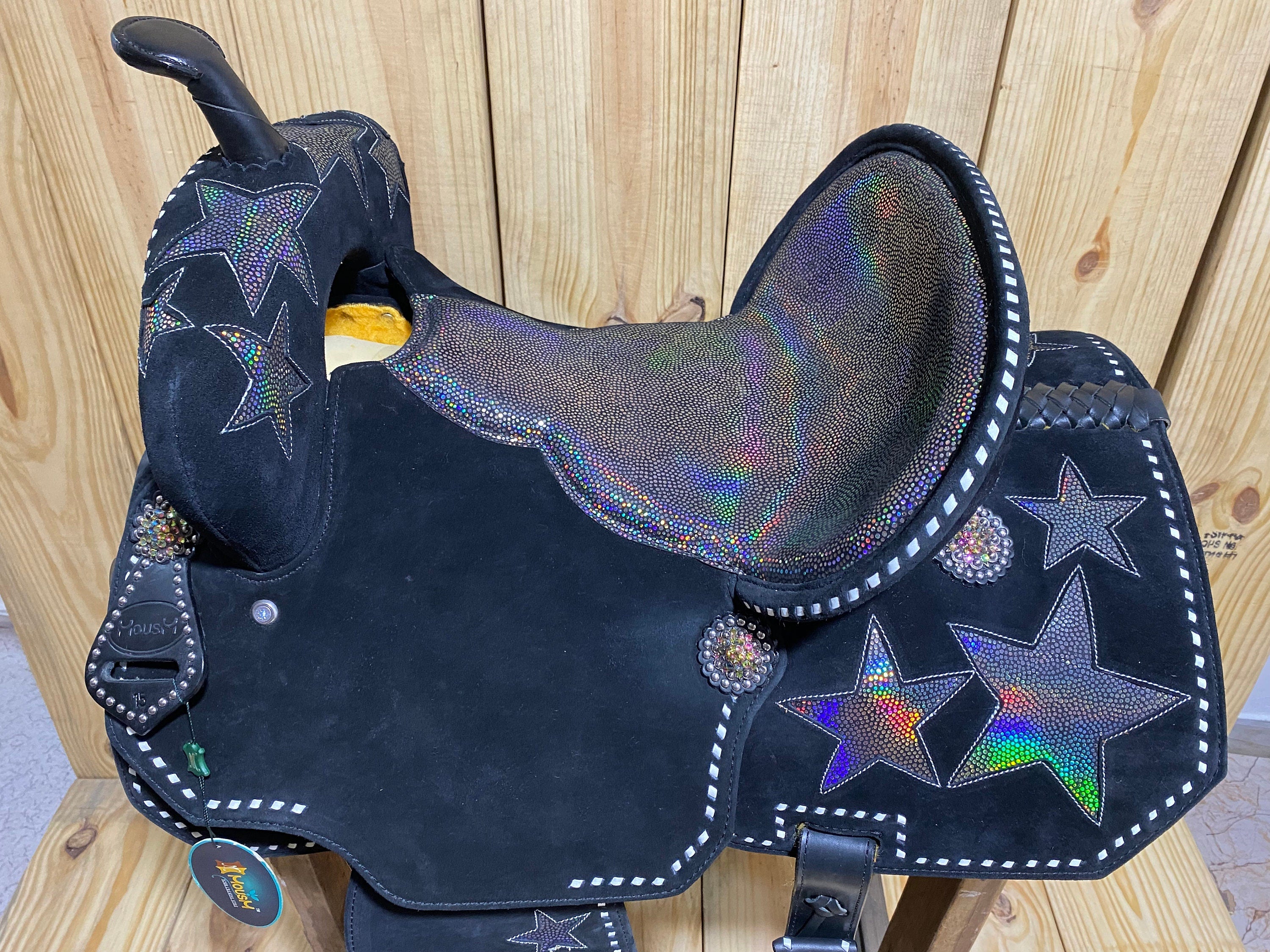 MOUSM Western Barrel Saddle - Built on a Rawhide Covered Fiber Tree, Saddle Made from Genuine Black Argentina Leather with Holographic Star Patch, Available in 13"-17" Seat Options