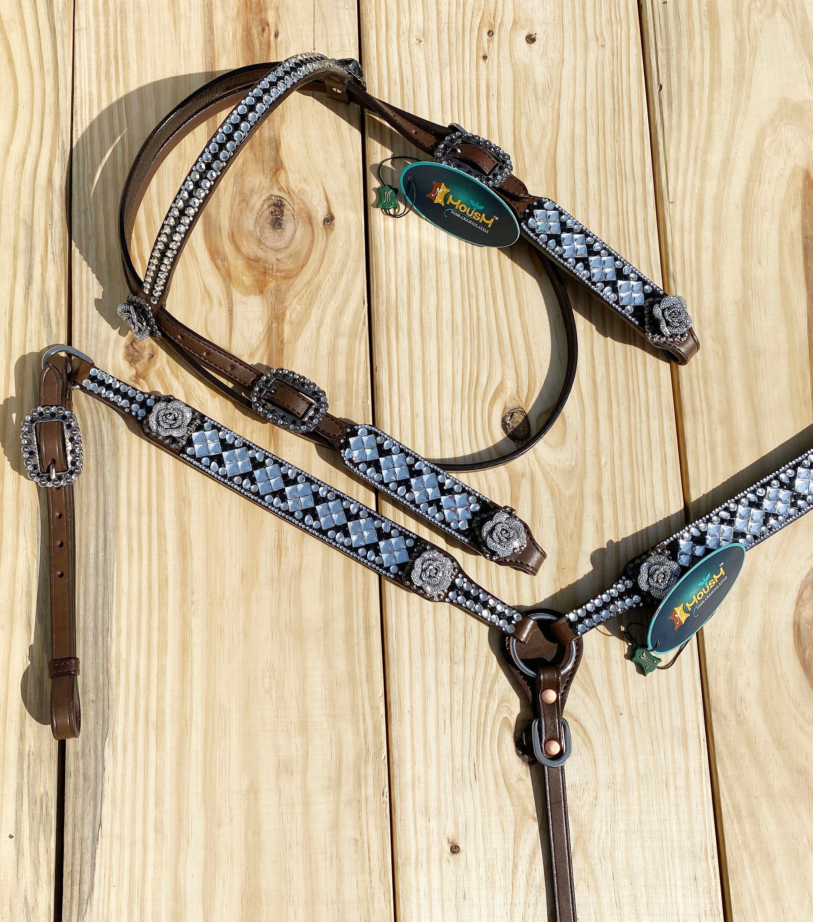 MOUSM Argentina Cow Leather Headstall and Breast Collar Tack Set for Horse - Decorated with Silver Stones & Beads, Glitter 3D Rose Conchos