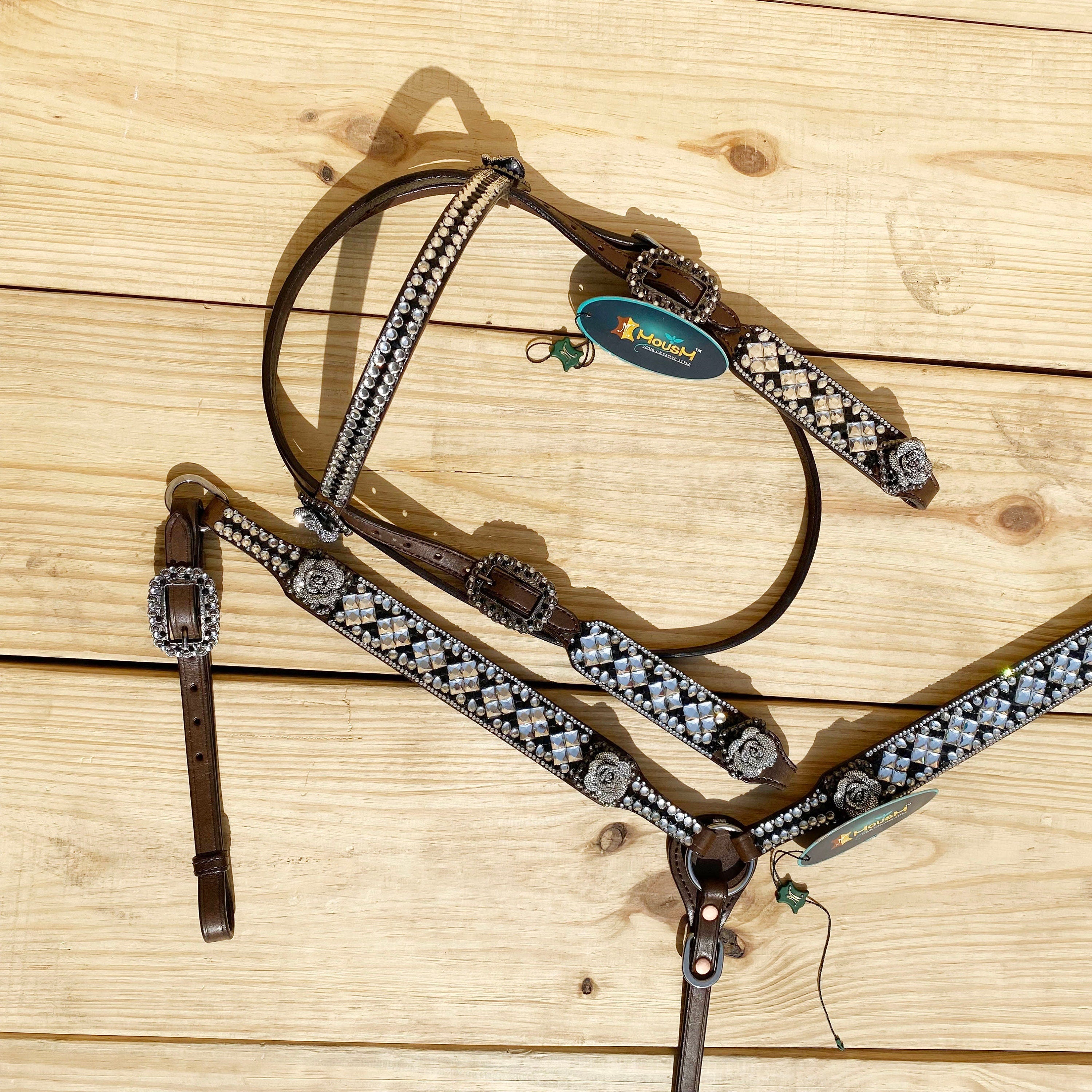 MOUSM Argentina Cow Leather Headstall and Breast Collar Tack Set for Horse - Decorated with Silver Stones & Beads, Glitter 3D Rose Conchos