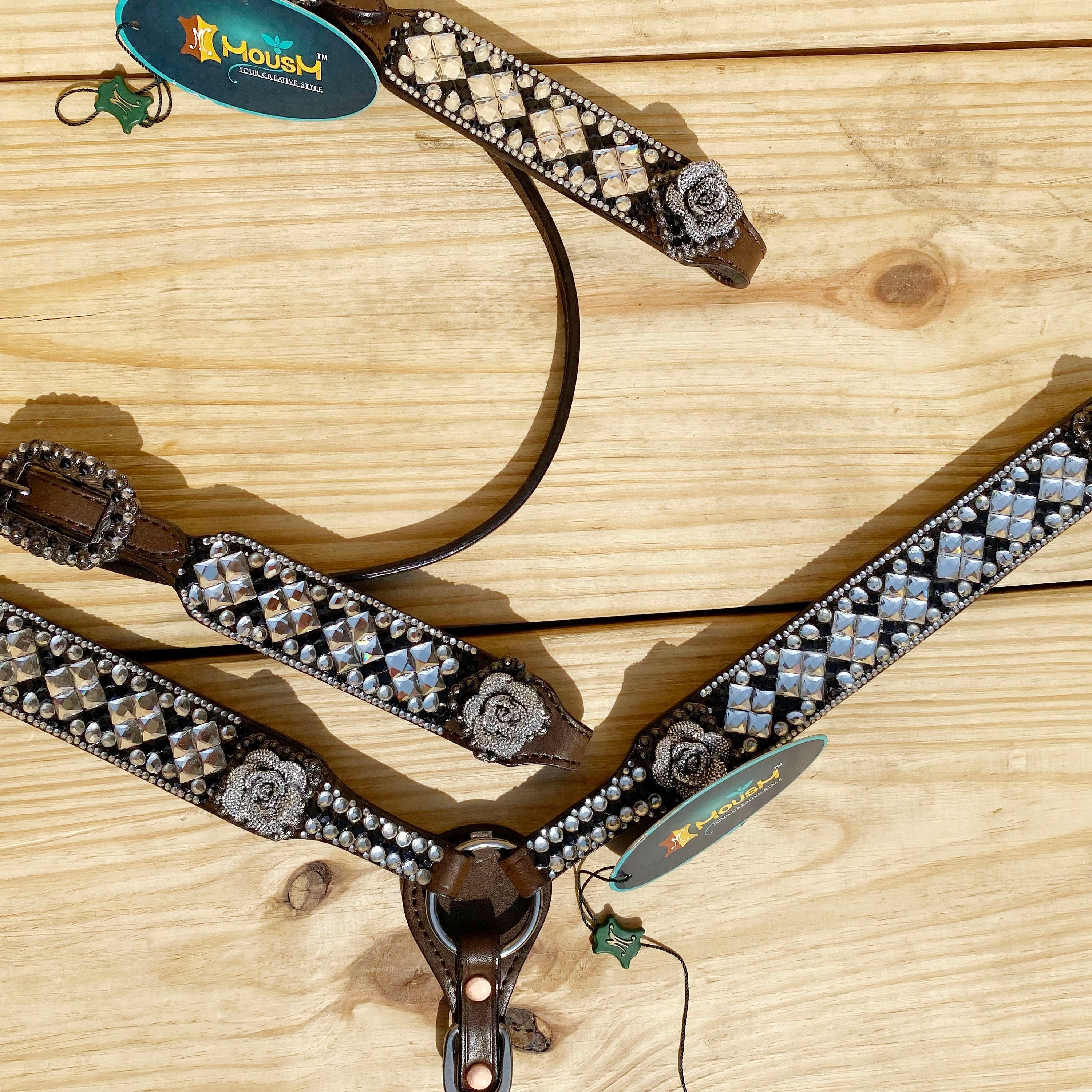 MOUSM Argentina Cow Leather Headstall and Breast Collar Tack Set for Horse - Decorated with Silver Stones & Beads, Glitter 3D Rose Conchos