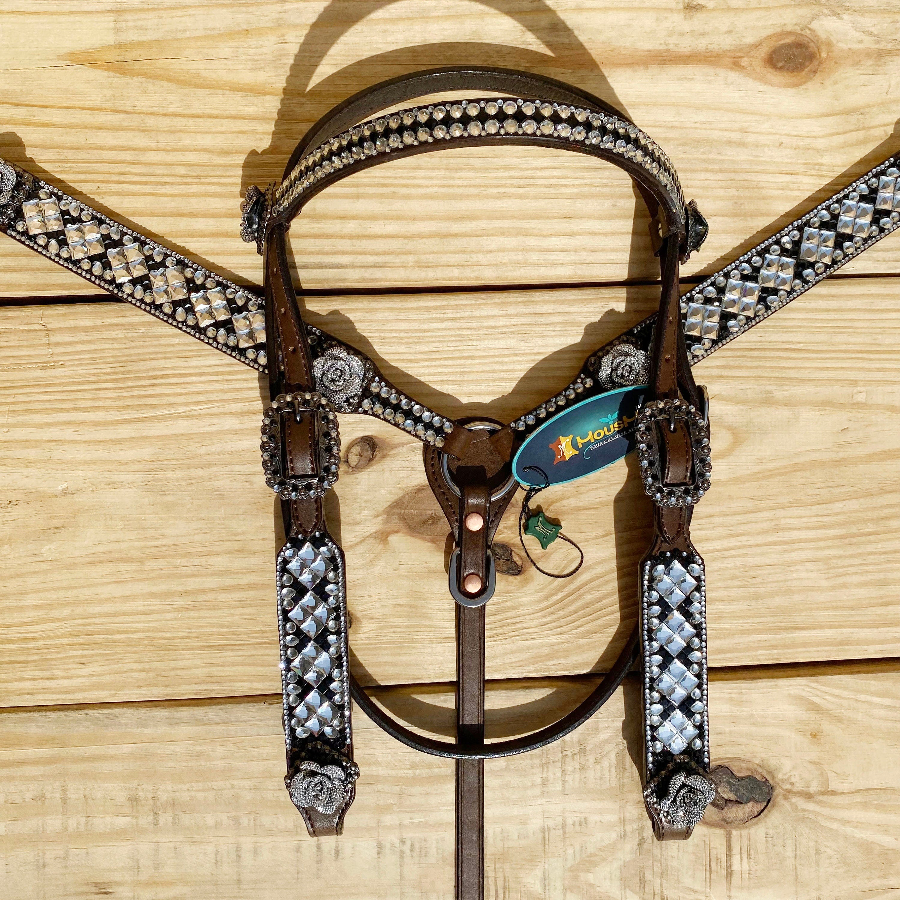 MOUSM Argentina Cow Leather Headstall and Breast Collar Tack Set for Horse - Decorated with Silver Stones & Beads, Glitter 3D Rose Conchos