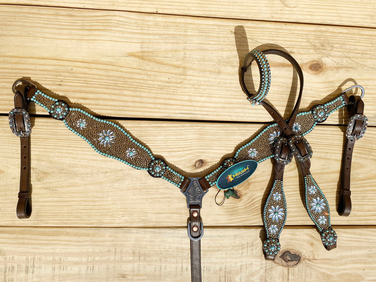 Golden Beads & Turquoise Flower Stones Headstall Tack Set