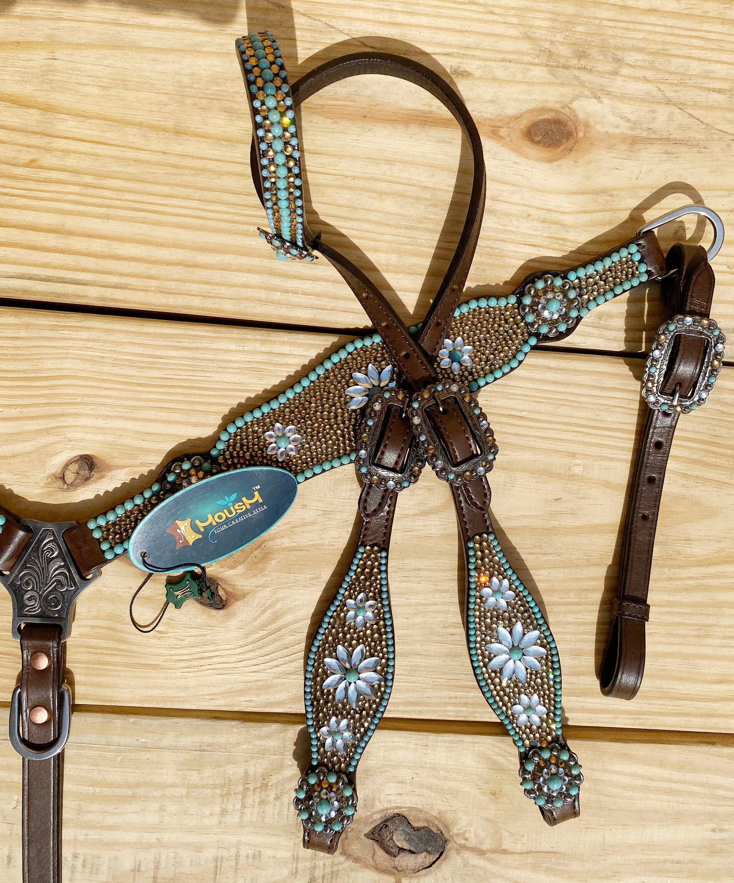 MOUSM Argentina Leather Headstall and Breast Collar Tack Set for Horse - Decorated with Golden Beads & Turquoise Flower Stones