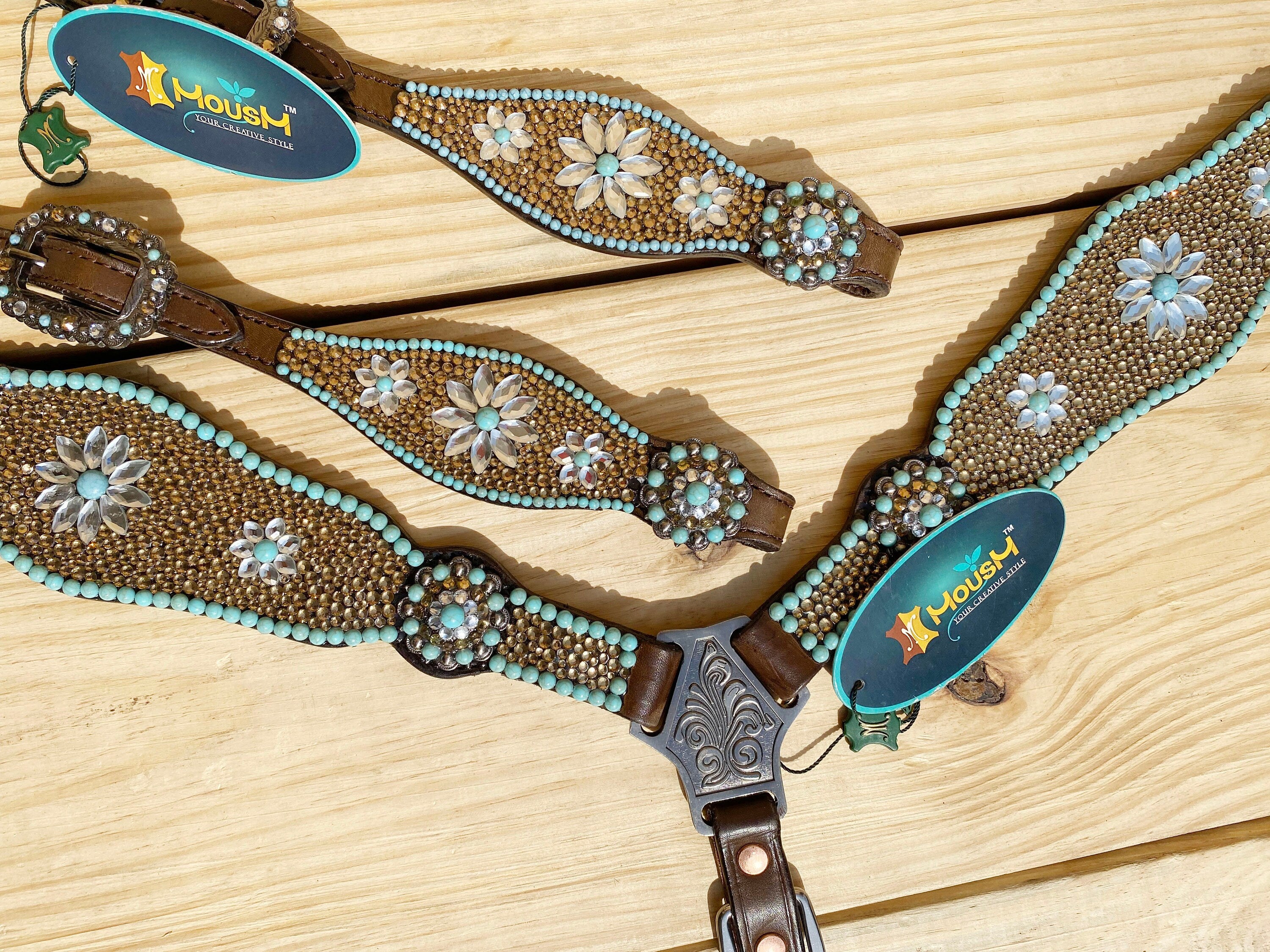 MOUSM Argentina Leather Headstall and Breast Collar Tack Set for Horse - Decorated with Golden Beads & Turquoise Flower Stones