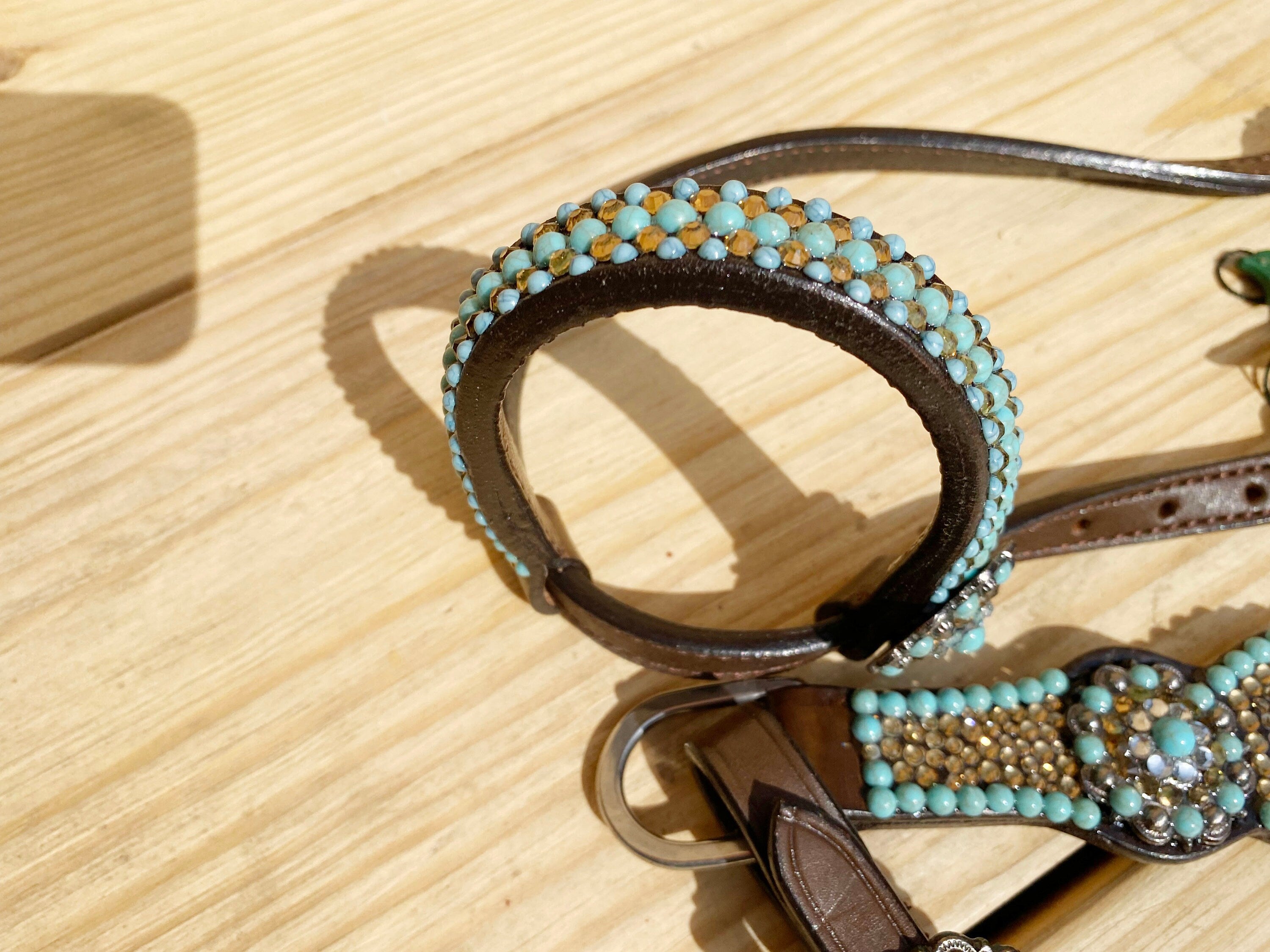 MOUSM Argentina Leather Headstall and Breast Collar Tack Set for Horse - Decorated with Golden Beads & Turquoise Flower Stones