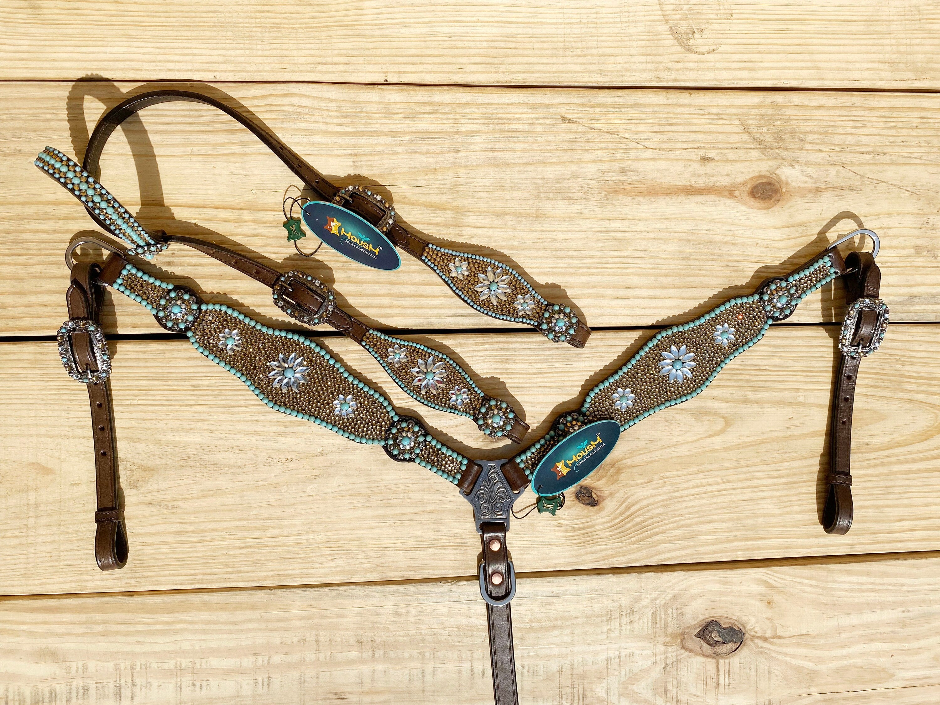 MOUSM Argentina Leather Headstall and Breast Collar Tack Set for Horse - Decorated with Golden Beads & Turquoise Flower Stones