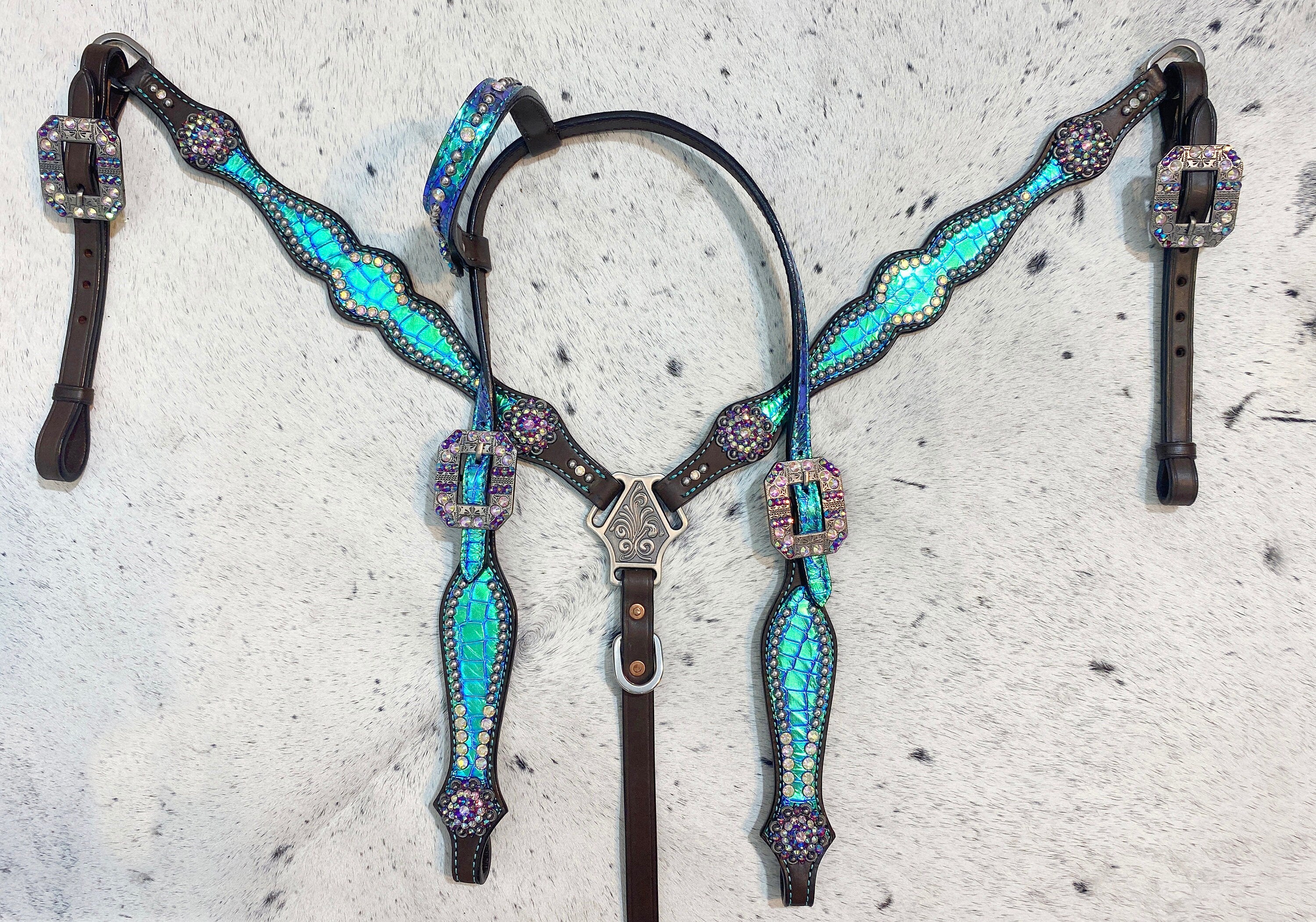 MOUSM Argentina Cow Leather Headstall and Breast Collar Set - Western Bridle Breast Collar Set Turquoise Holographic Alligator Printed Leather