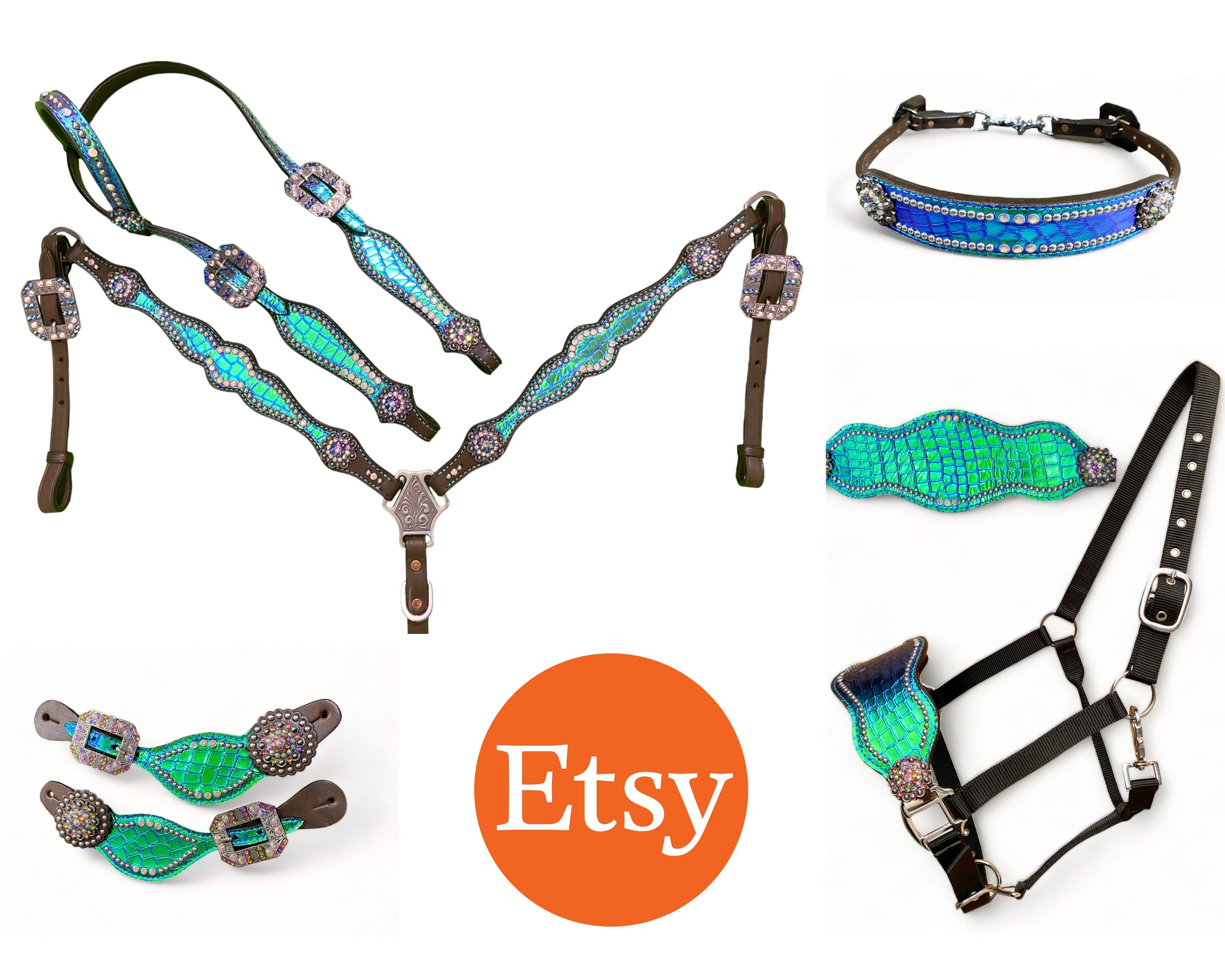 MOUSM Argentina Cow Leather Headstall and Breast Collar Set - Western Bridle Breast Collar Set Turquoise Holographic Alligator Printed Leather