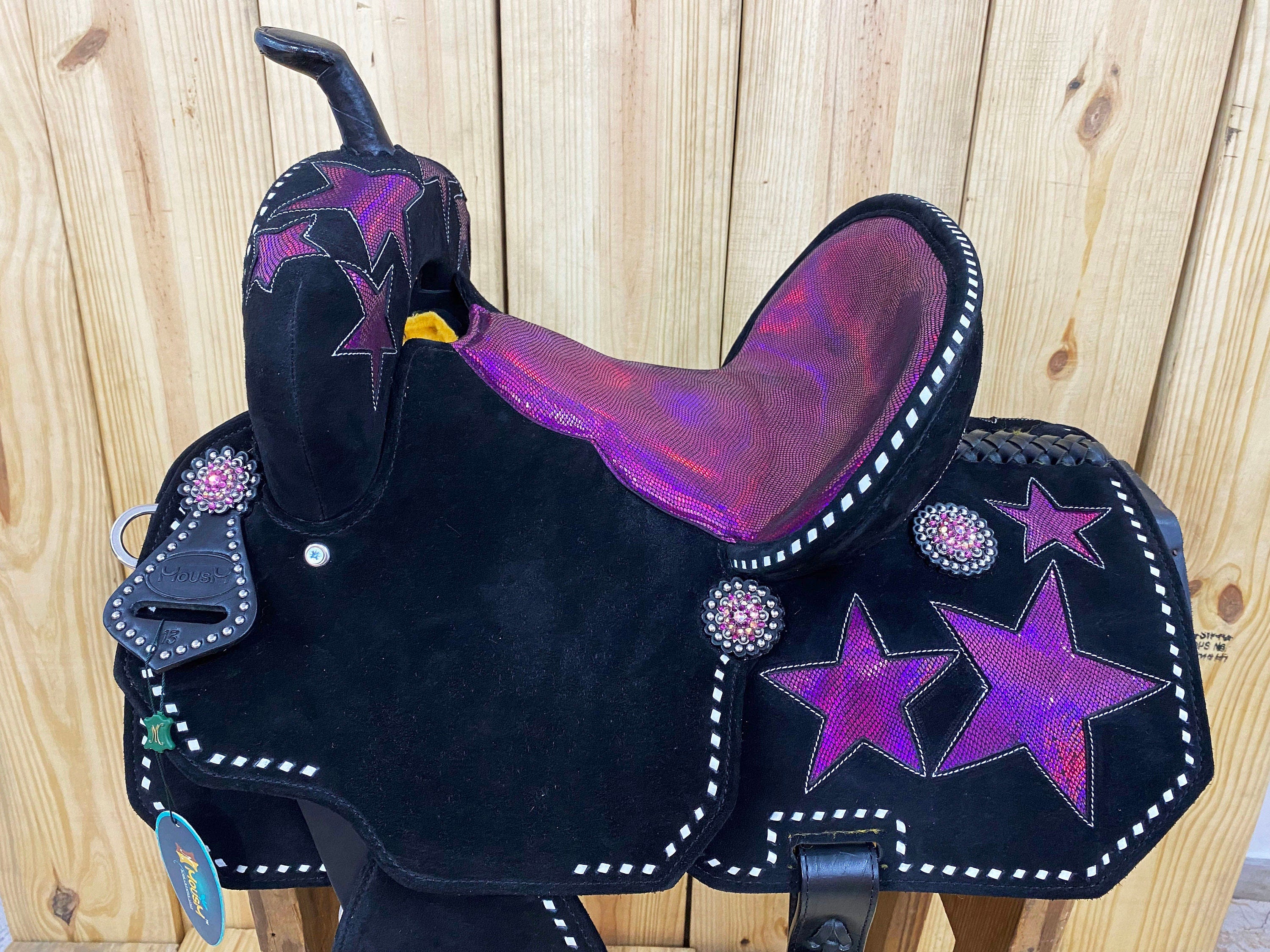 MOUSM Western Barrel Saddle - Built on a Rawhide Covered Fiber Tree, Saddle Made from Genuine Black Argentina Leather with Pink Star Glittered Patch, Available in 13"-16" Seat Options