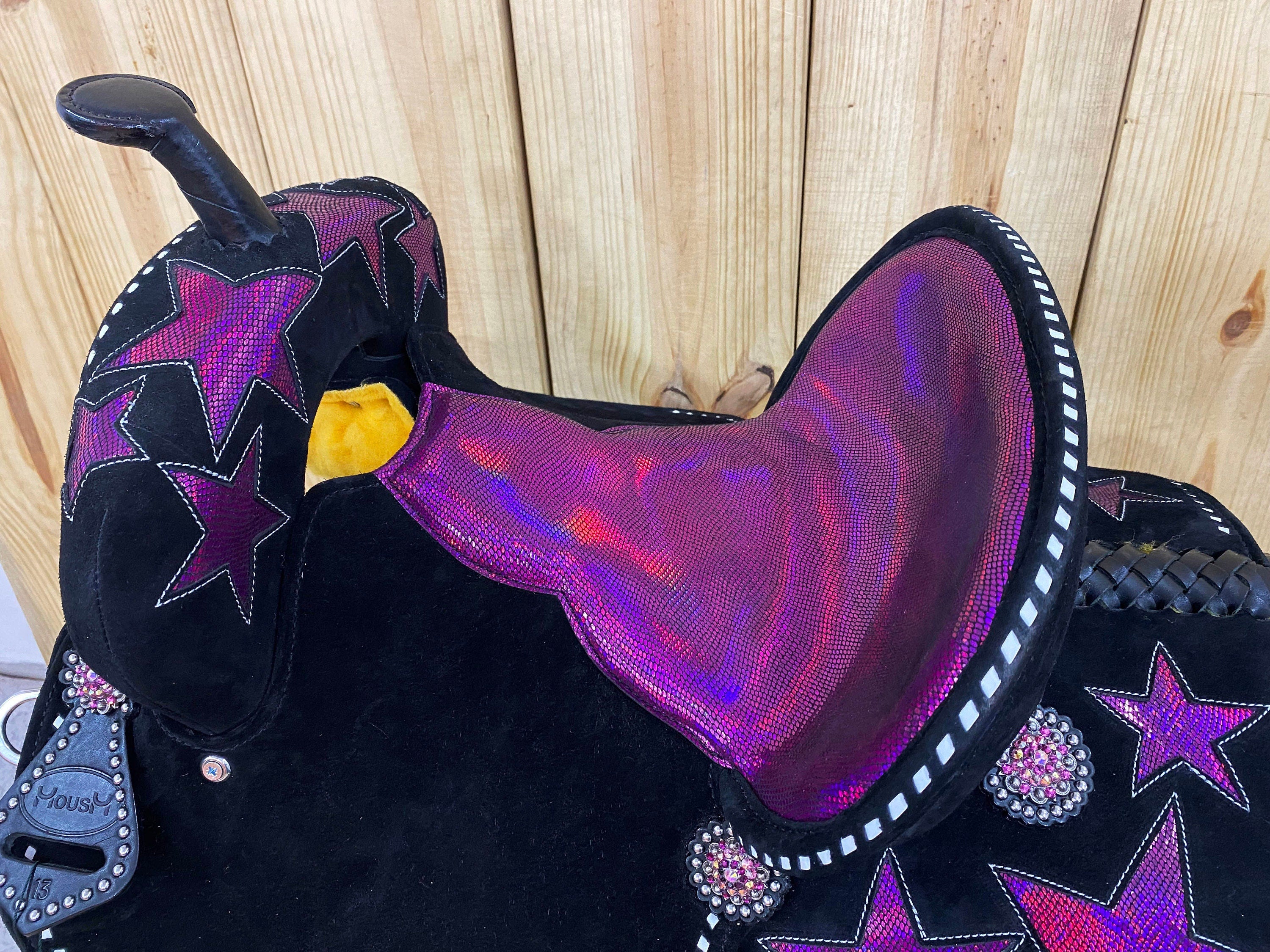 MOUSM Western Barrel Saddle - Built on a Rawhide Covered Fiber Tree, Saddle Made from Genuine Black Argentina Leather with Pink Star Glittered Patch, Available in 13"-16" Seat Options
