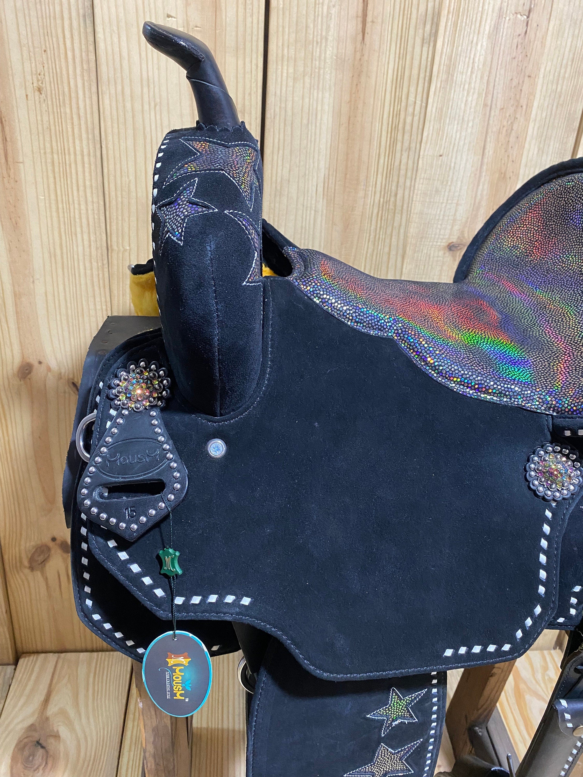 MOUSM Western Barrel Saddle - Built on a Rawhide Covered Fiber Tree, Saddle Made from Genuine Black Argentina Leather with Holographic Star Patch, Available in 13"-17" Seat Options
