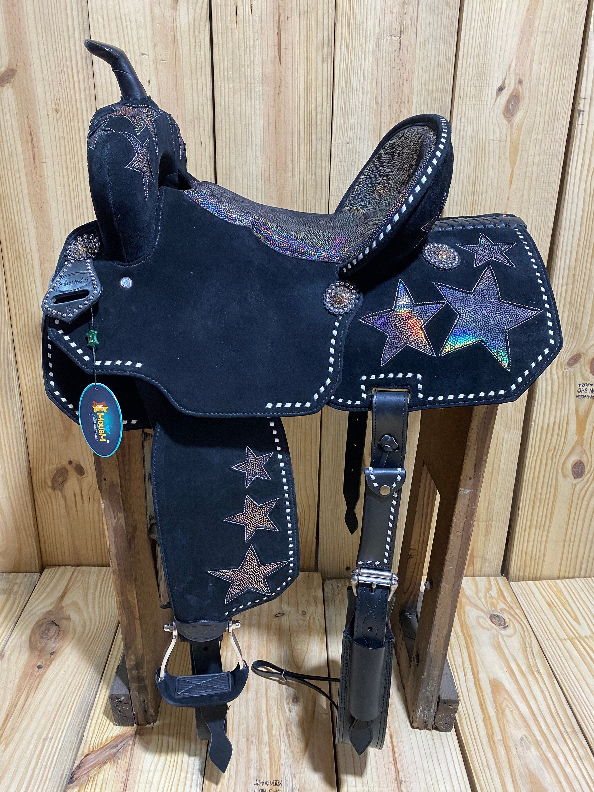 MOUSM Western Barrel Saddle - Built on a Rawhide Covered Fiber Tree, Saddle Made from Genuine Black Argentina Leather with Holographic Star Patch, Available in 13"-17" Seat Options