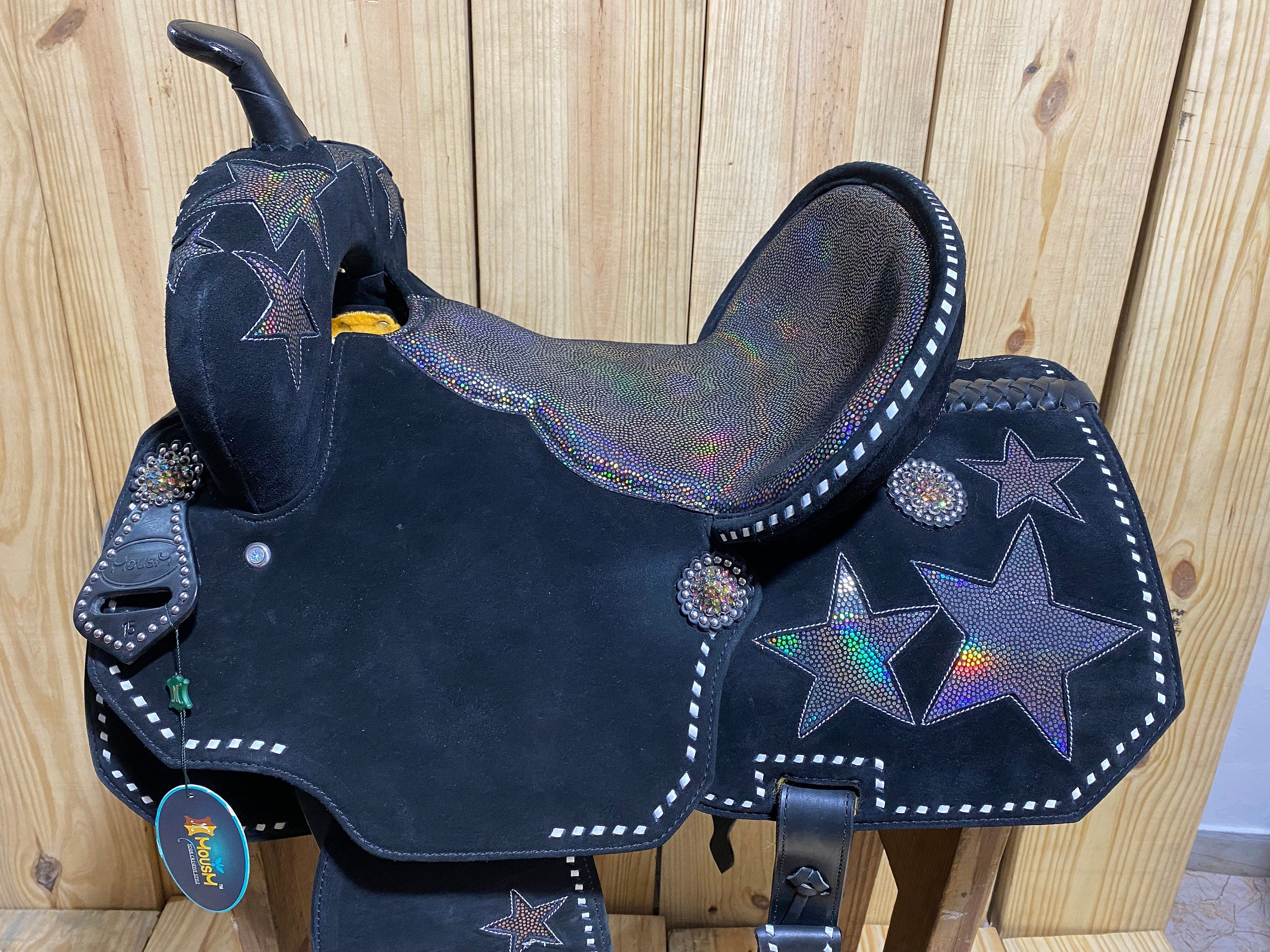 MOUSM Western Barrel Saddle - Built on a Rawhide Covered Fiber Tree, Saddle Made from Genuine Black Argentina Leather with Holographic Star Patch, Available in 13"-17" Seat Options