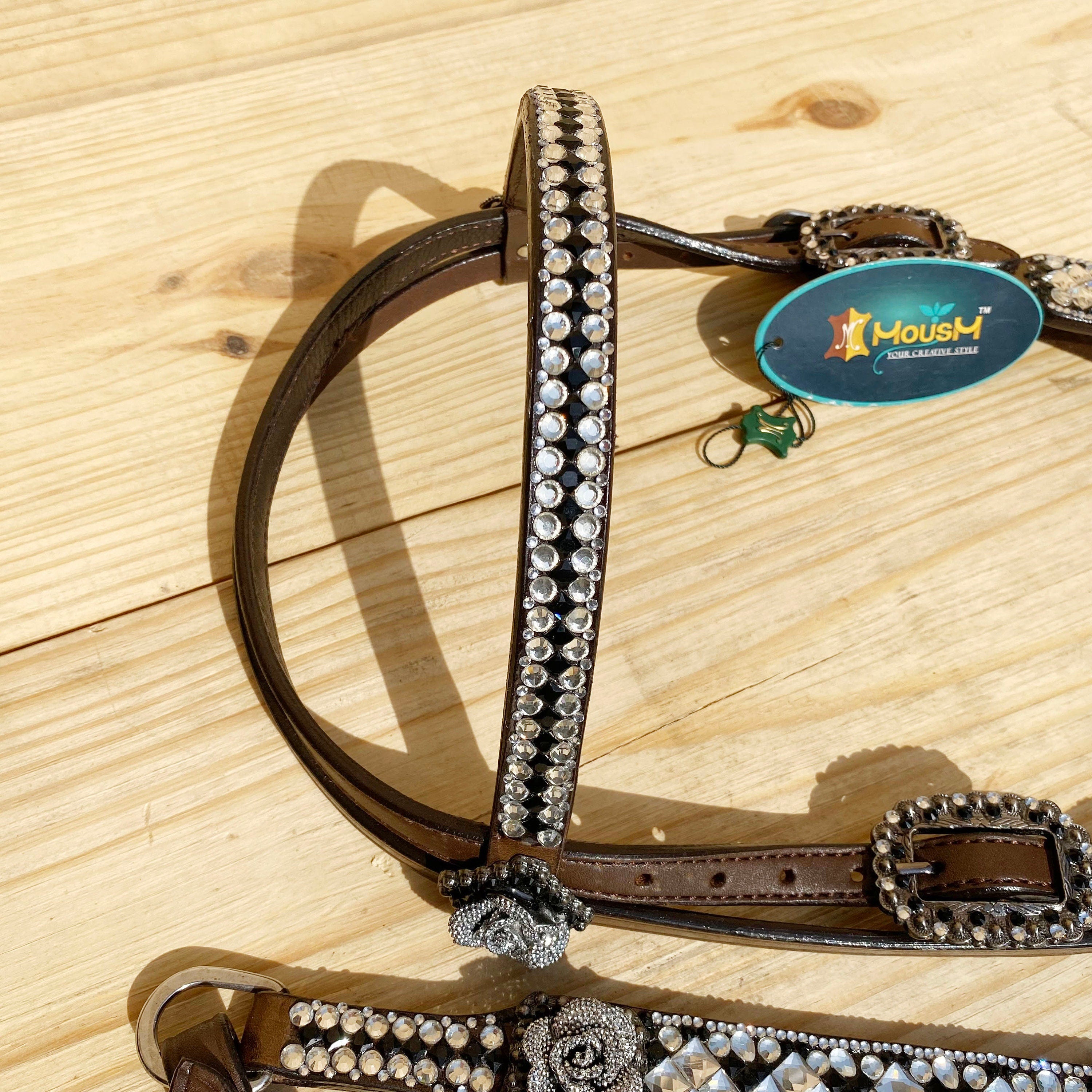 MOUSM Argentina Cow Leather Headstall and Breast Collar Tack Set for Horse - Decorated with Silver Stones & Beads, Glitter 3D Rose Conchos