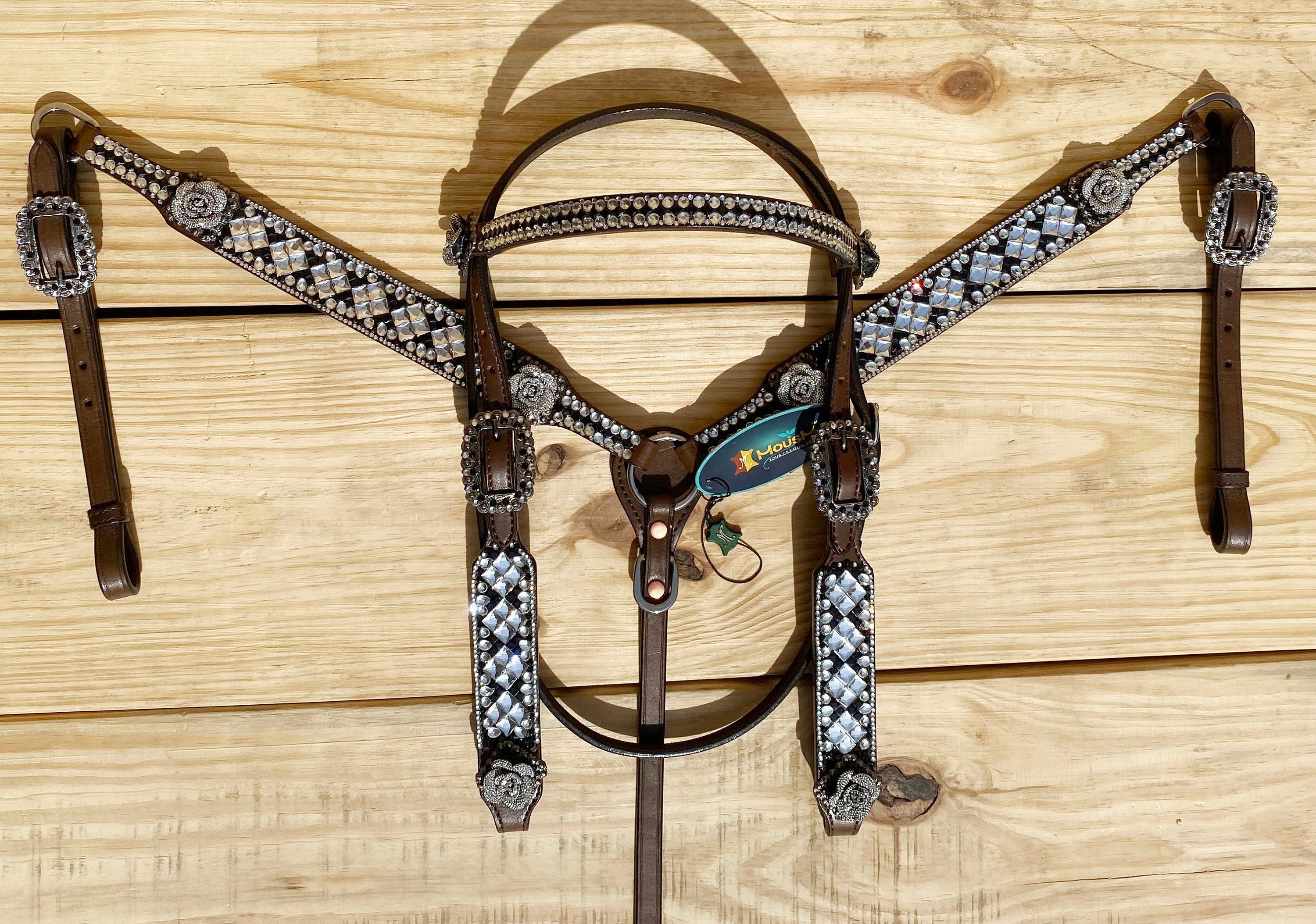 MOUSM Argentina Cow Leather Headstall and Breast Collar Tack Set for Horse - Decorated with Silver Stones & Beads, Glitter 3D Rose Conchos