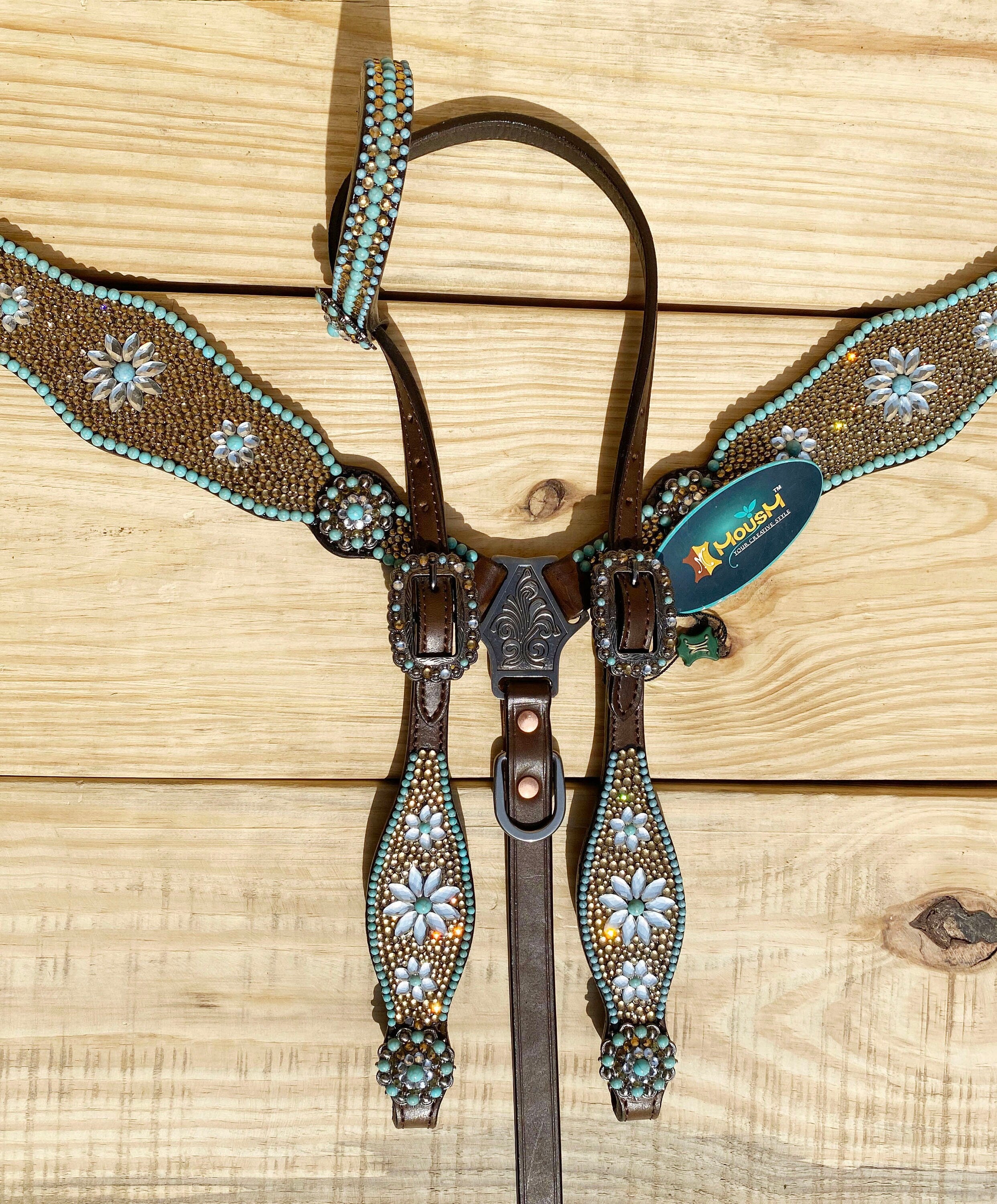 MOUSM Argentina Leather Headstall and Breast Collar Tack Set for Horse - Decorated with Golden Beads & Turquoise Flower Stones