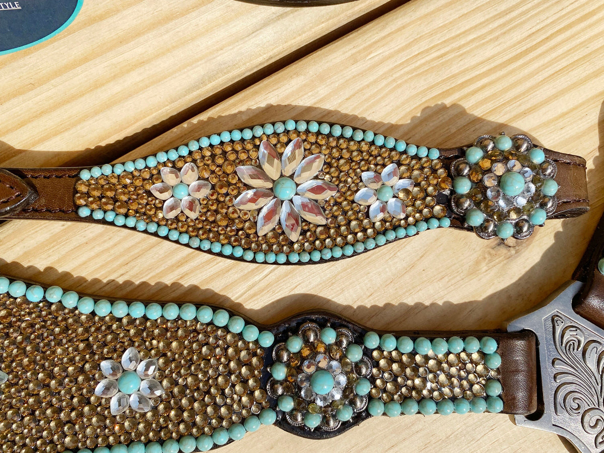 Golden Beads & Turquoise Flower Stones Headstall Tack Set