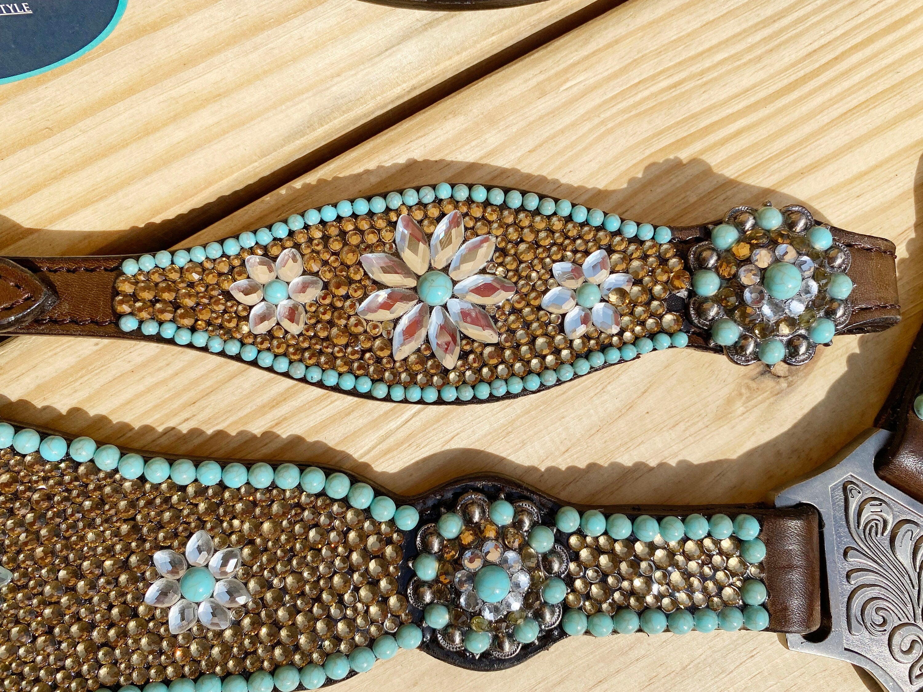 MOUSM Argentina Leather Headstall and Breast Collar Tack Set for Horse - Decorated with Golden Beads & Turquoise Flower Stones