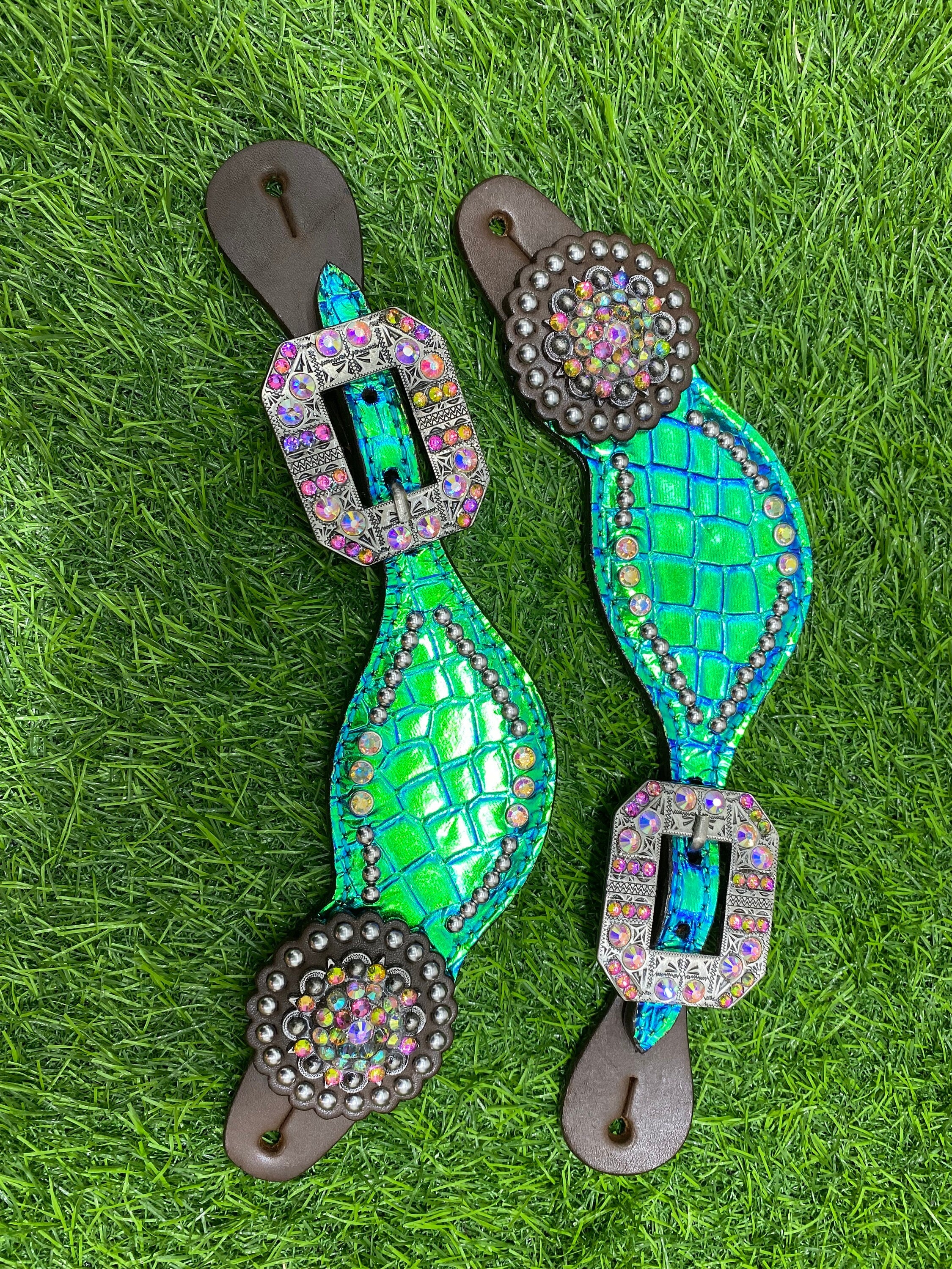 MOUSM Argentina Cow Leather Headstall and Breast Collar Set - Western Bridle Breast Collar Set Turquoise Holographic Alligator Printed Leather