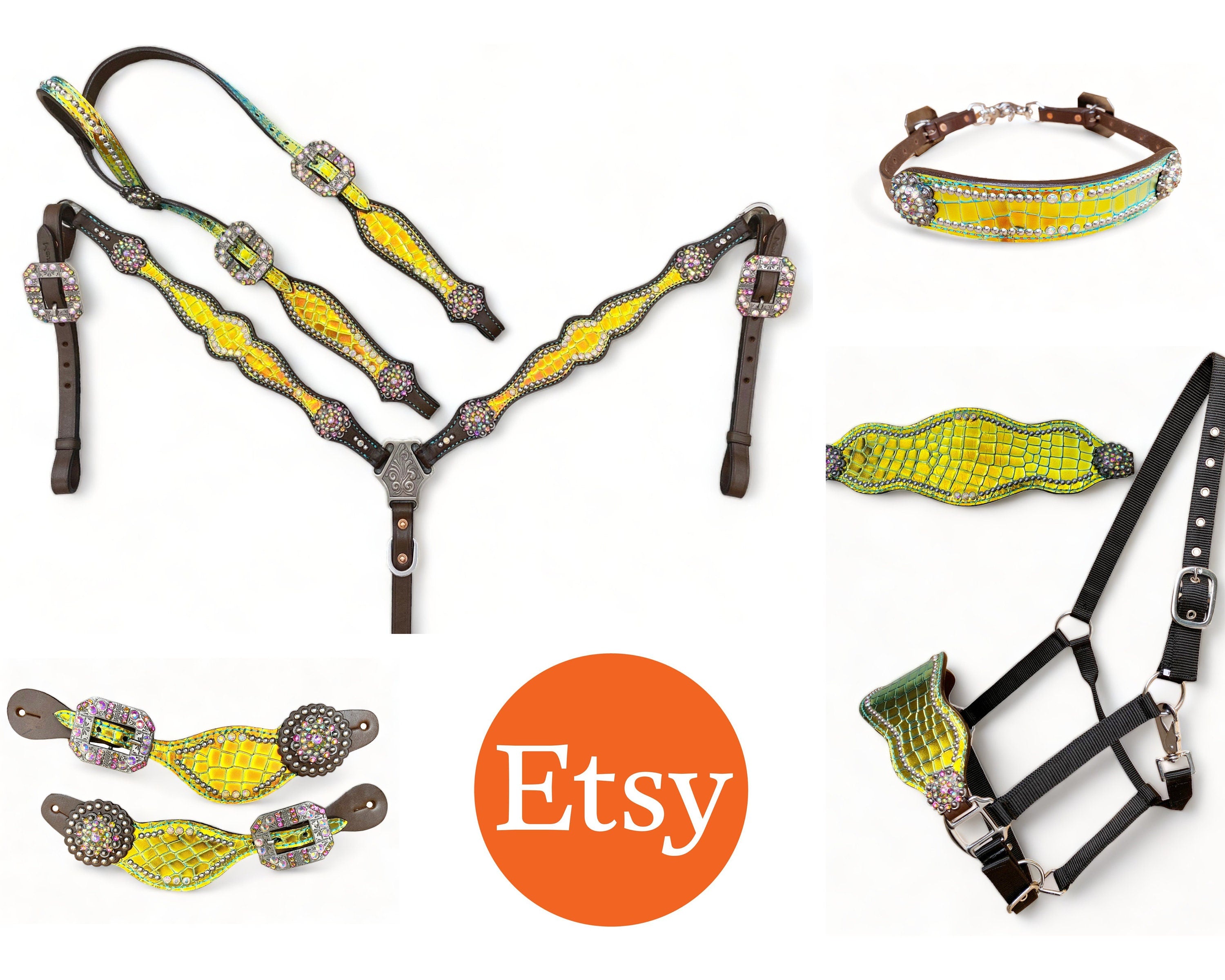 MOUSM Western Horse Bridle & Breast Collar Tack Set – Argentina Cow Leather Western Headstall Tack Decorated with Yellow & Green Holographic Metallic Carving