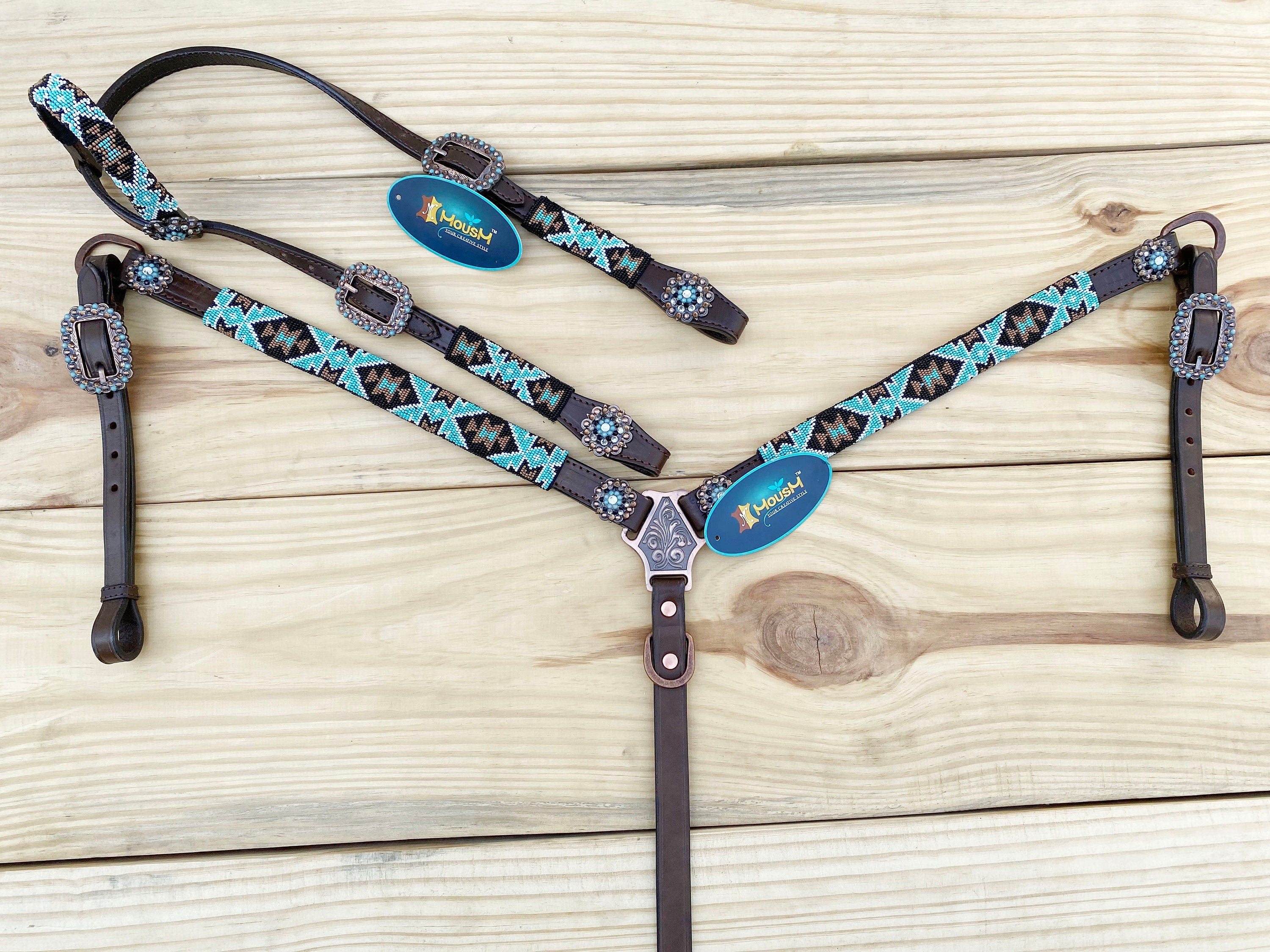 Leather Headstall and Breast Collar with Wither Strap Western Leather Tack Set for the horse with turquoise brown Beaded inlay and Concho