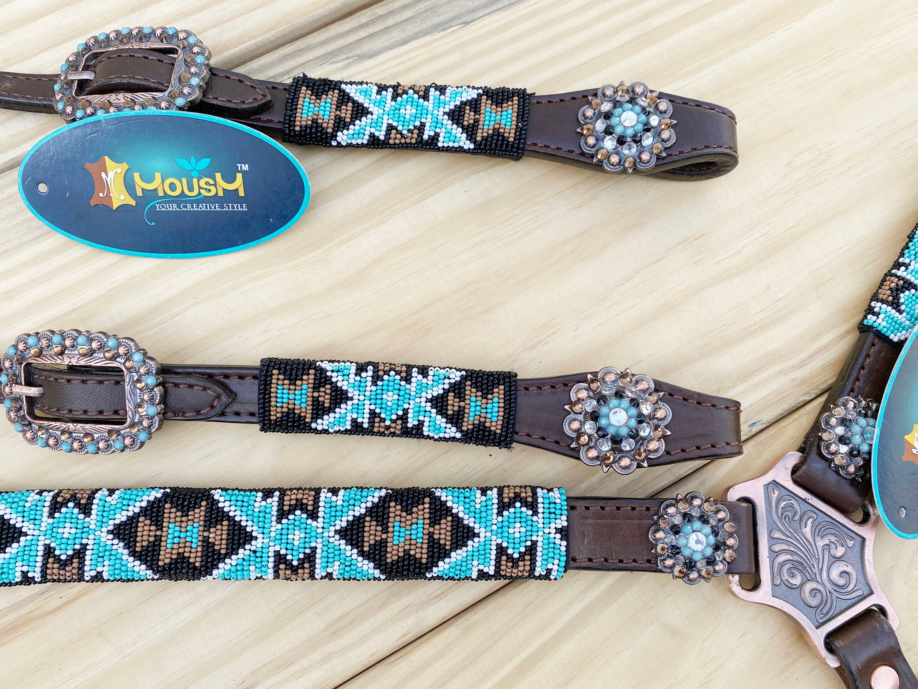 Leather Headstall and Breast Collar with Wither Strap Western Leather Tack Set for the horse with turquoise brown Beaded inlay and Concho
