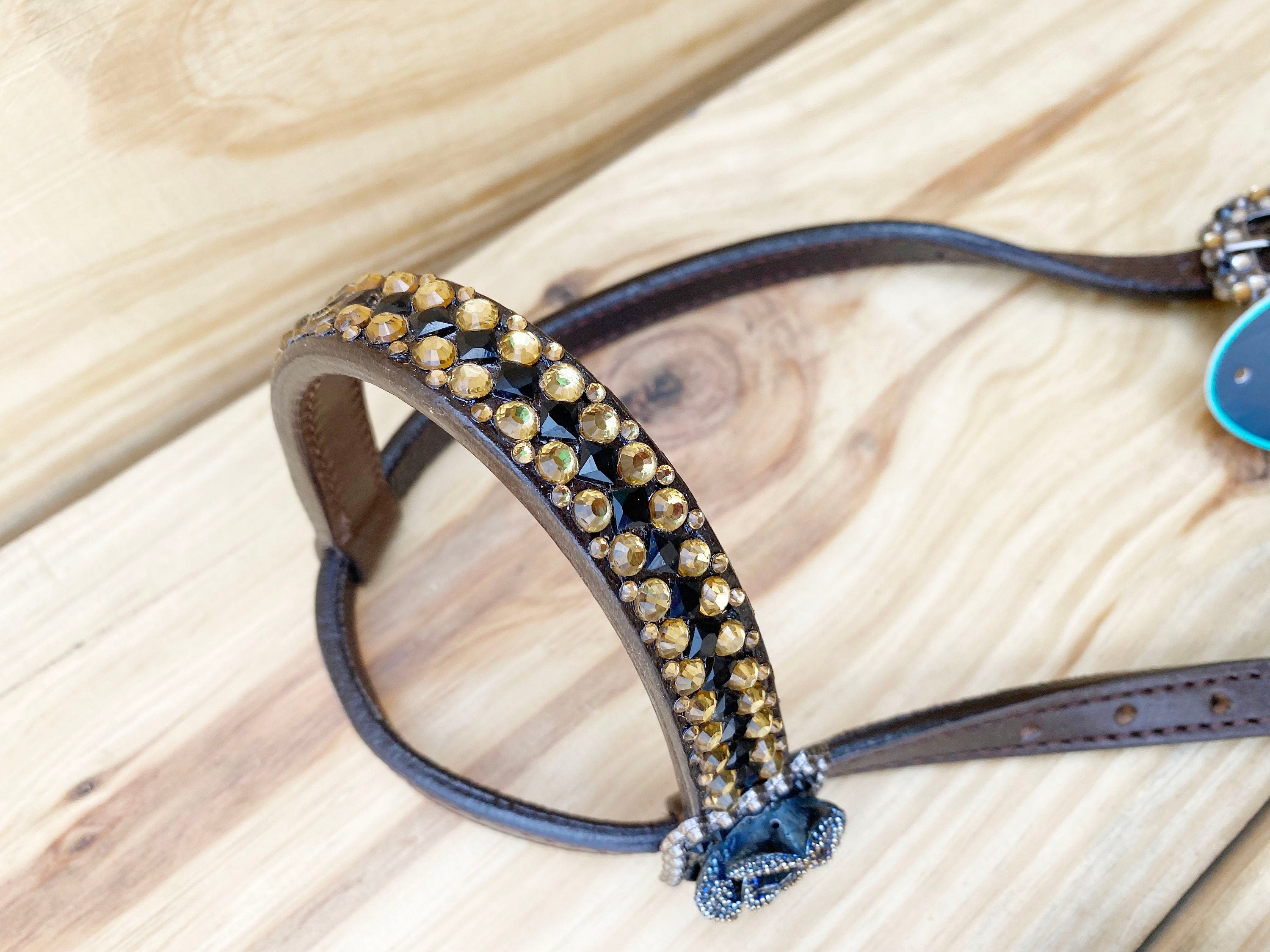 MOUSM Argentina Cow Leather Headstall & Breast Collar Set – Western Horse Tack for Horse Decorated with Shining Golden Stone & Rhinestones Dark, Brown 3D Rose Flower, Antique Nickel Hardware