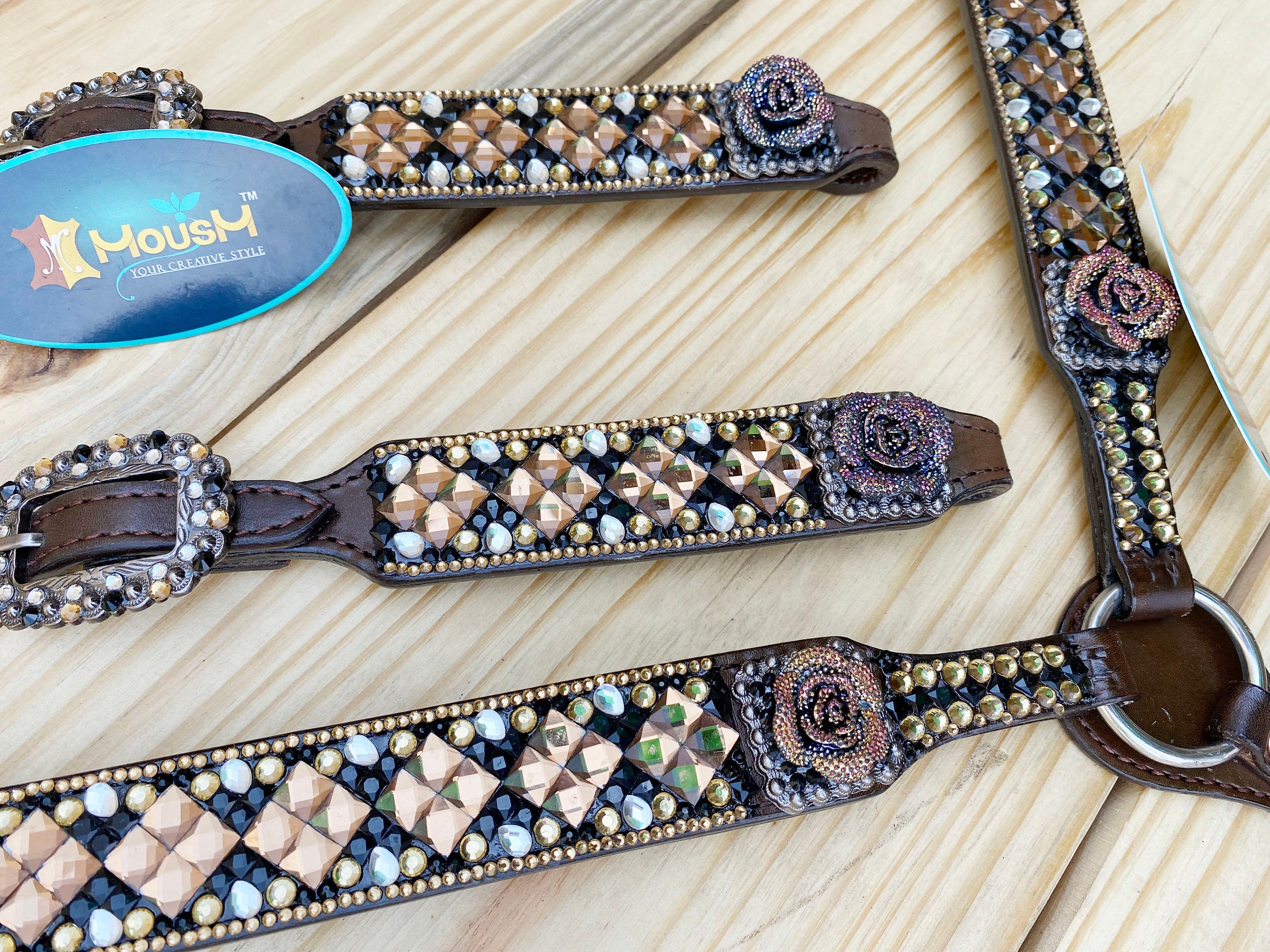 MOUSM Argentina Cow Leather Headstall & Breast Collar Set – Western Horse Tack for Horse Decorated with Shining Golden Stone & Rhinestones Dark, Brown 3D Rose Flower, Antique Nickel Hardware