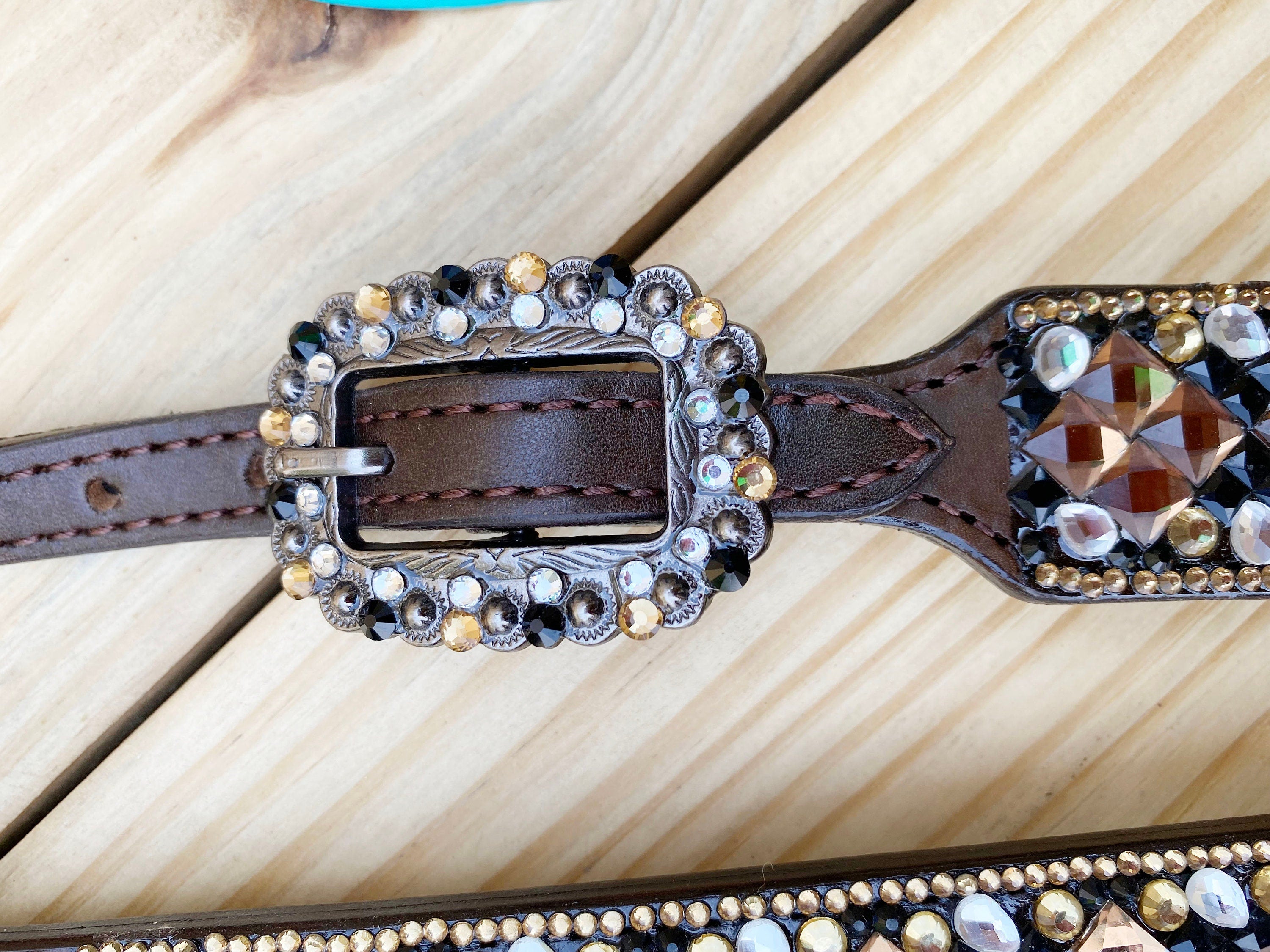 MOUSM Argentina Cow Leather Headstall & Breast Collar Set – Western Horse Tack for Horse Decorated with Shining Golden Stone & Rhinestones Dark, Brown 3D Rose Flower, Antique Nickel Hardware