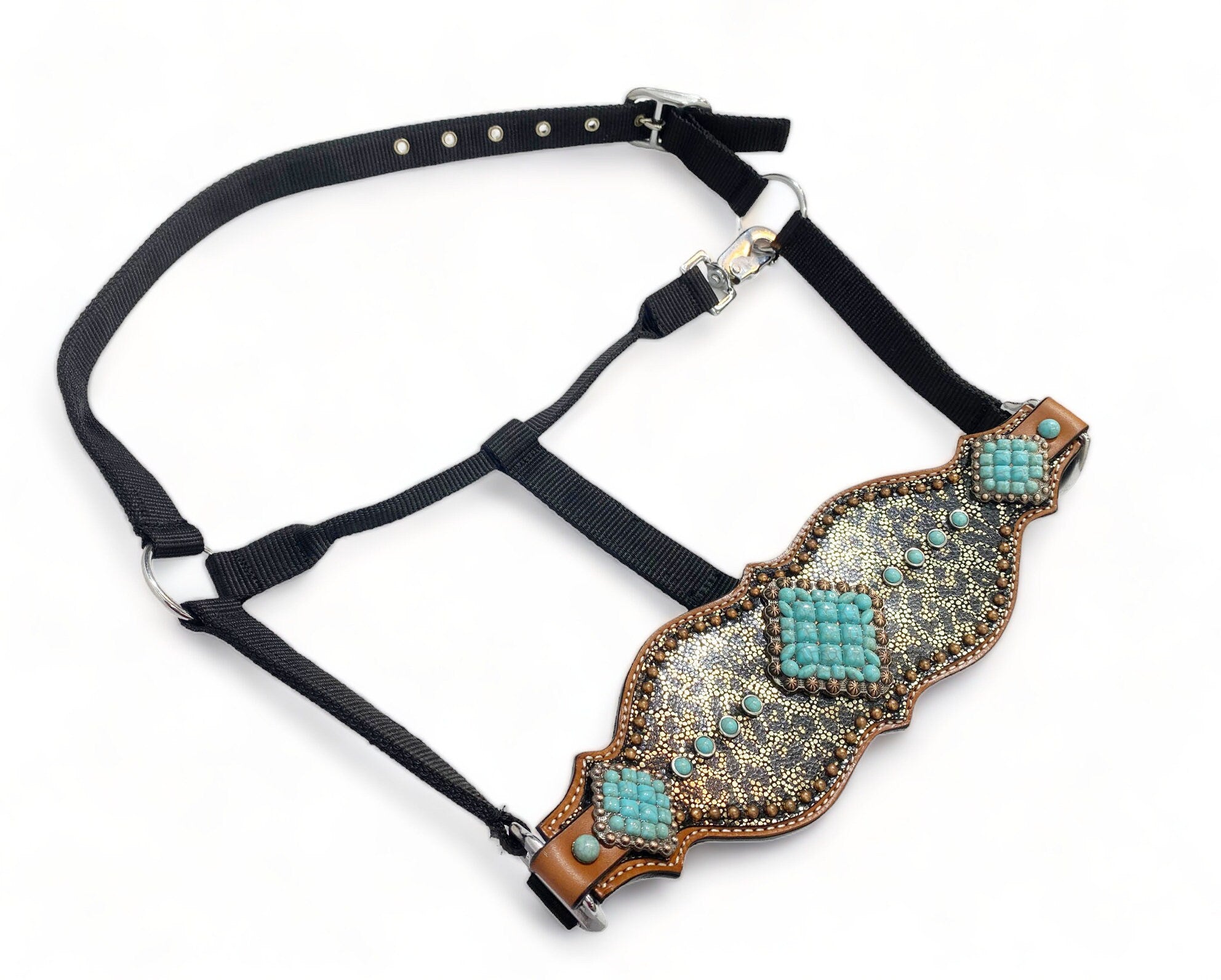 MOUSM Western Bronc Halter - Argentina Cow Leather Halter for Horse Decorated with Turquoise Stones on Alligator-Patterned Leather Surrounded by Copper Studs & Antique Copper Hardware