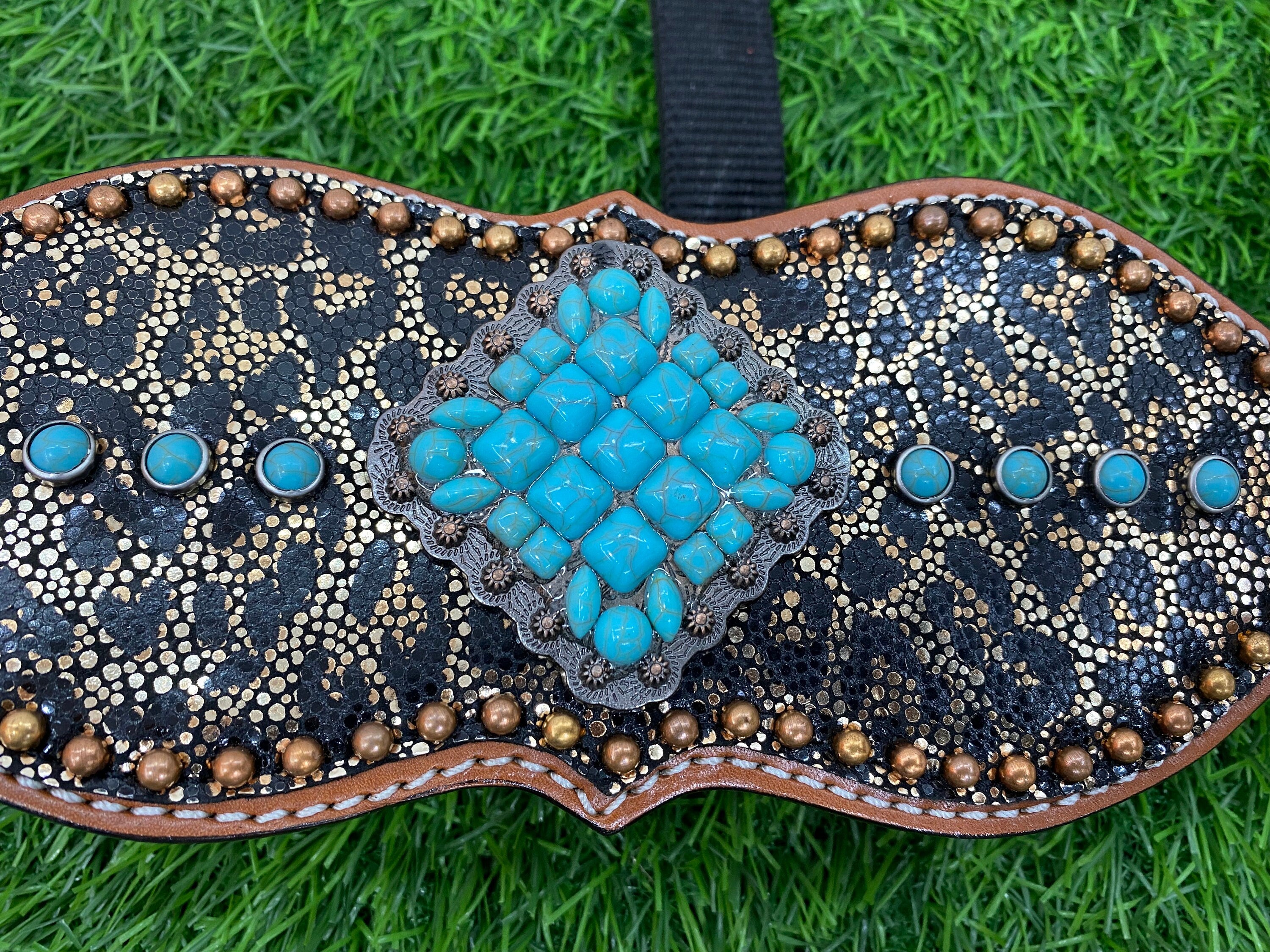 MOUSM Western Bronc Halter - Argentina Cow Leather Halter for Horse Decorated with Turquoise Stones on Alligator-Patterned Leather Surrounded by Copper Studs & Antique Copper Hardware