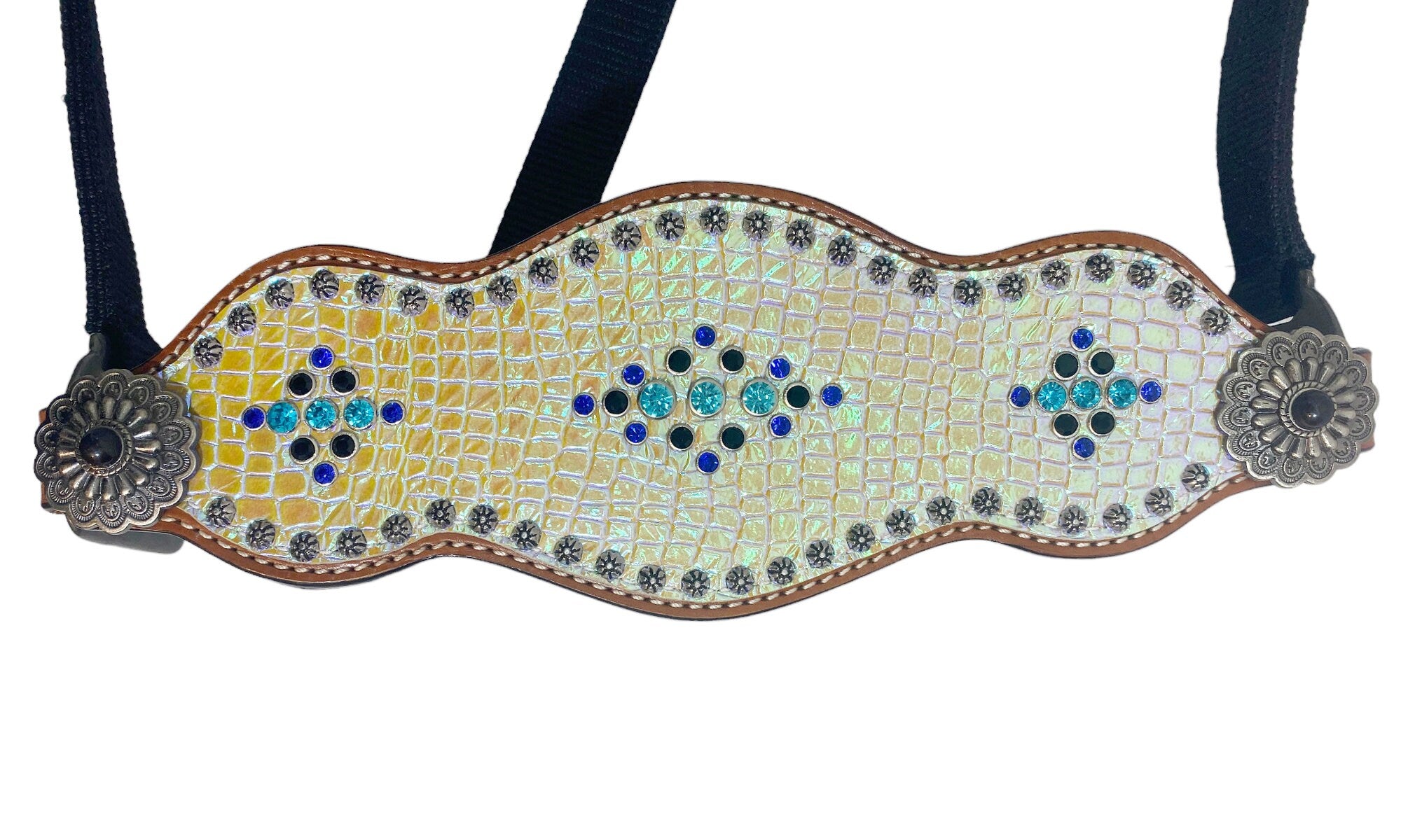 MOUSM Western Bronc Halter – Argentina Cow Leather Halter for Horse Decorated with Holographic Snake Print, Surrounded by Sunburst Studs and Shining Rhinestones, Antique Nickel Hardware