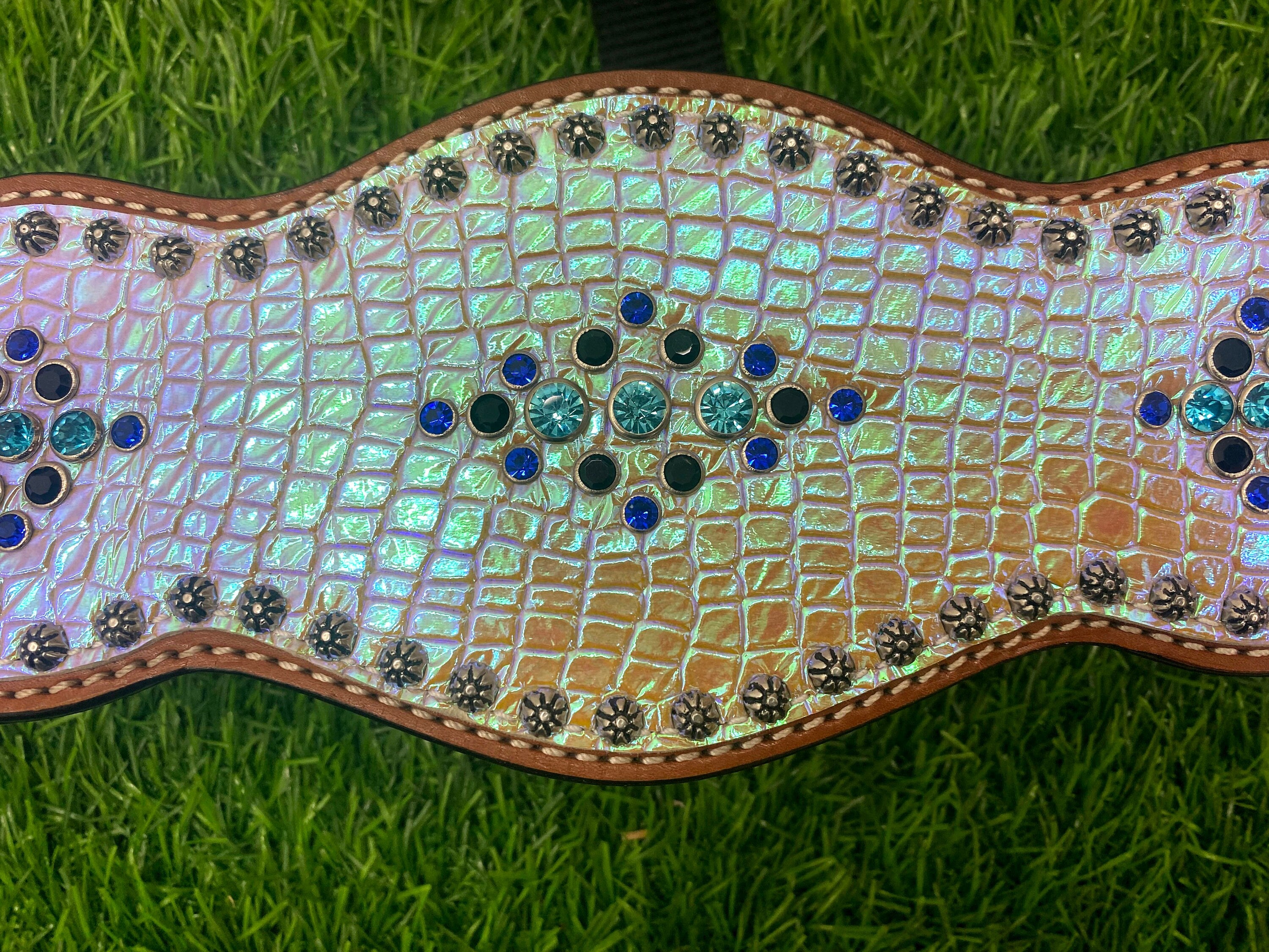 MOUSM Western Bronc Halter – Argentina Cow Leather Halter for Horse Decorated with Holographic Snake Print, Surrounded by Sunburst Studs and Shining Rhinestones, Antique Nickel Hardware