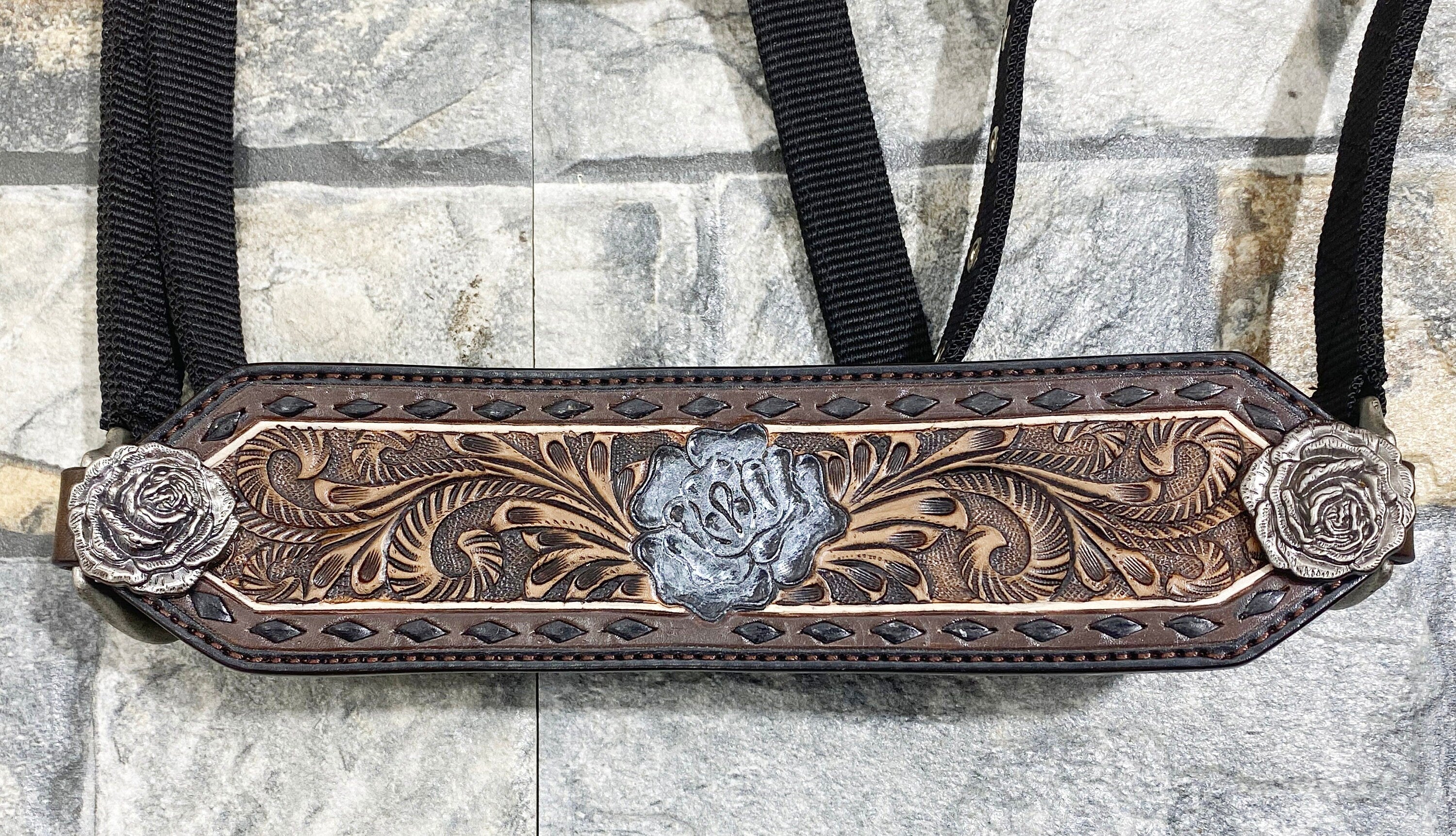 MOUSM Western Bronc Halter – Argentina Cow Leather Halter for Horse Decorated with Black Buck Stitching, Rose Carving on Center with Rose Carved Conchos, Antique Nickel Hardware