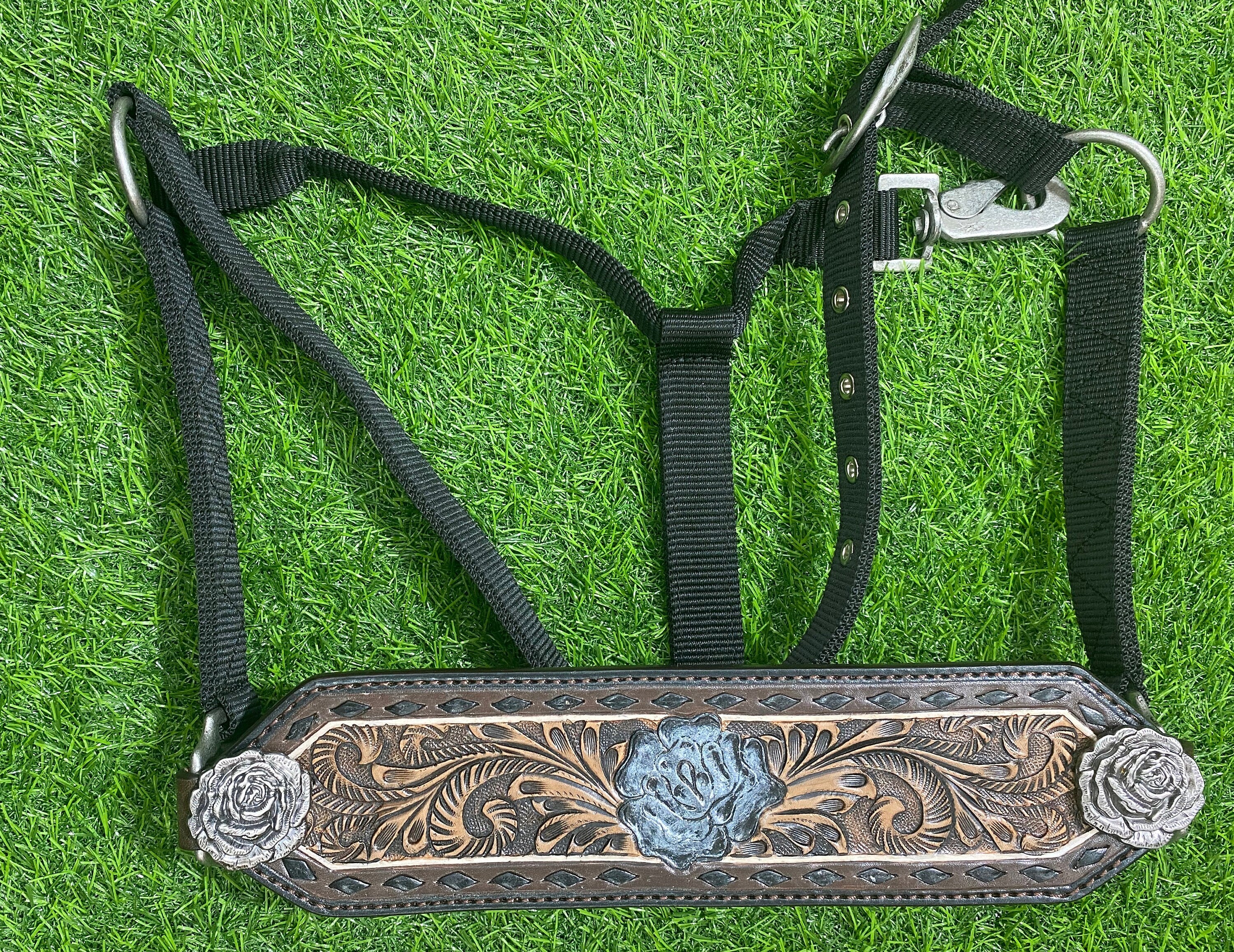 MOUSM Western Bronc Halter – Argentina Cow Leather Halter for Horse Decorated with Black Buck Stitching, Rose Carving on Center with Rose Carved Conchos, Antique Nickel Hardware