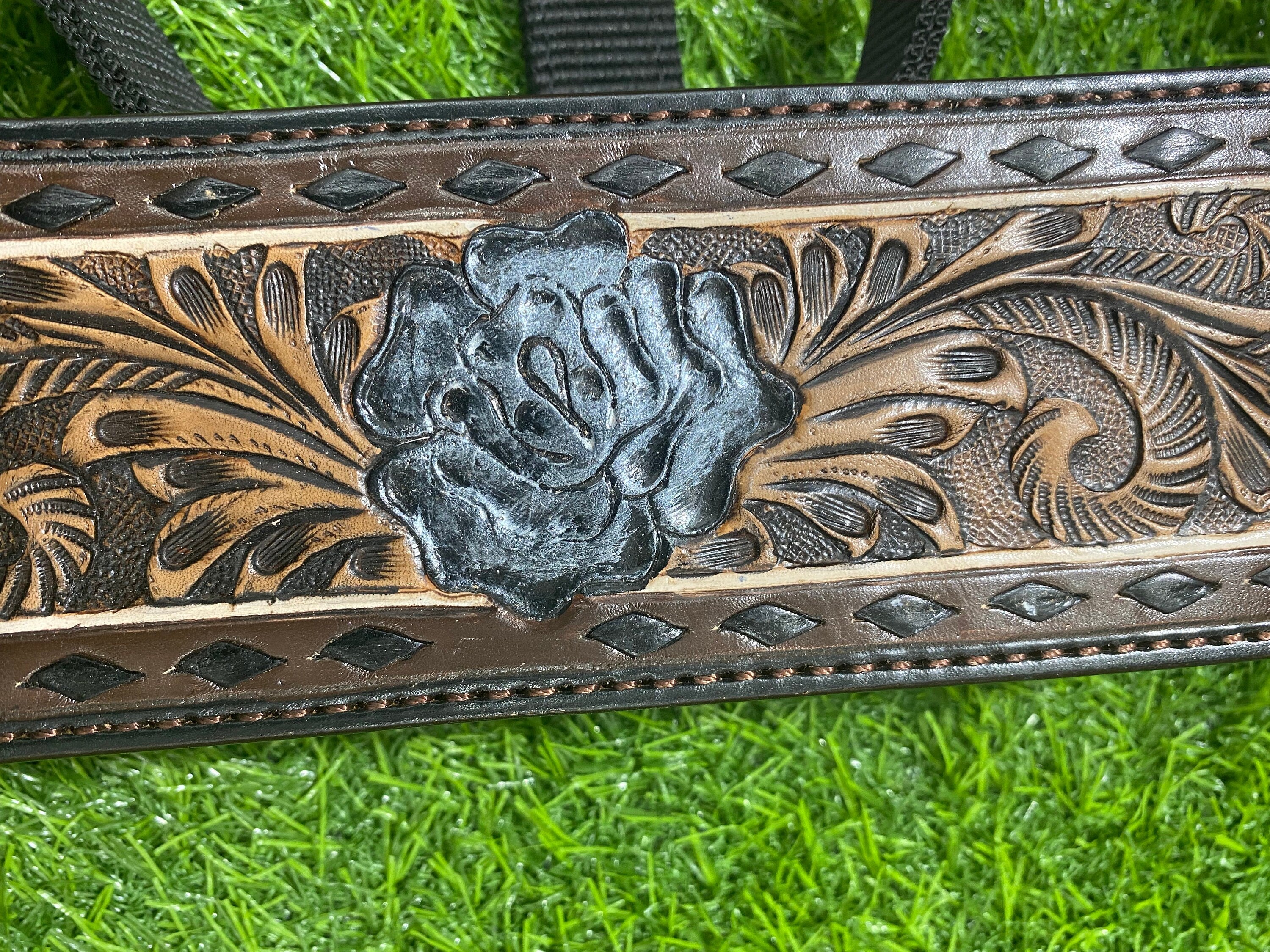 MOUSM Western Bronc Halter – Argentina Cow Leather Halter for Horse Decorated with Black Buck Stitching, Rose Carving on Center with Rose Carved Conchos, Antique Nickel Hardware