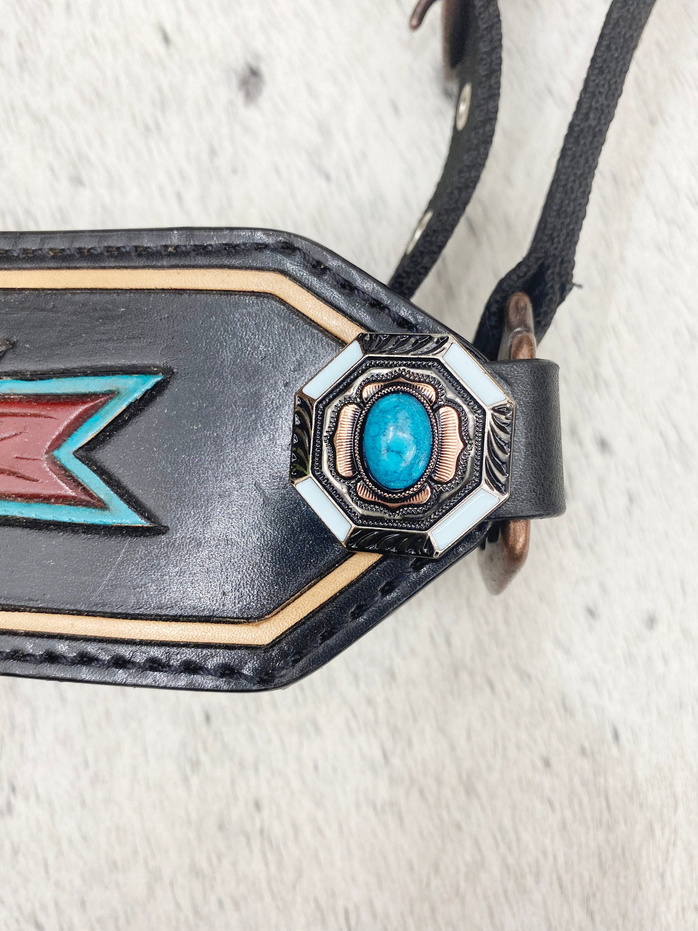 MOUSM Western Bronc Halter – Argentina Cow Leather Halter for Horse Decorated with Hand-Painted Geometrical Carving, Antique Copper Hardware