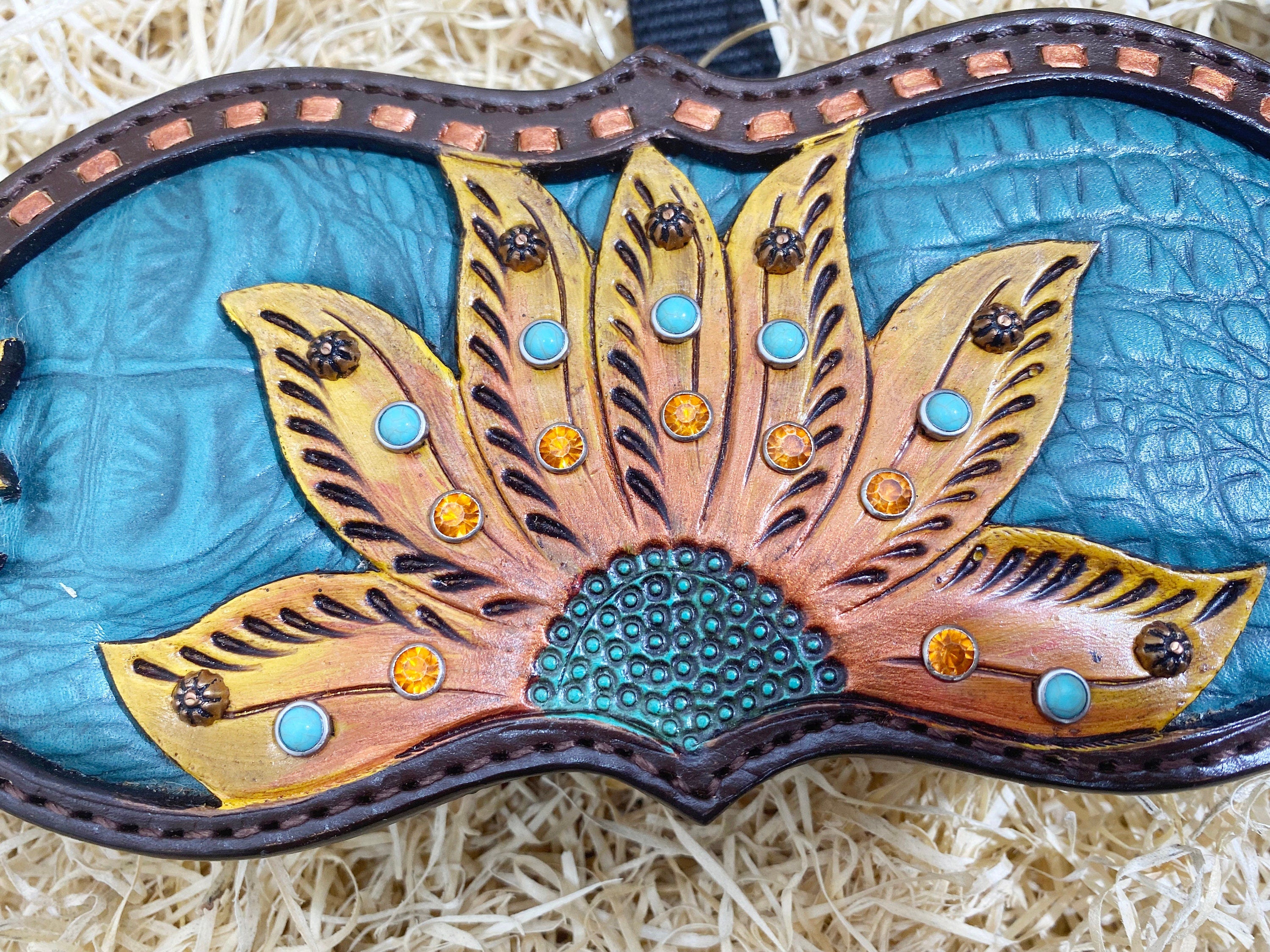 MOUSM Western Bronc Halter – Argentina Cow Leather Halter for Horse Decorated with Sunflower Carving and Turquoise Alligator Skin-Pattern Inlay, Copper Buck Stitching & Turquoise Flower Conchos