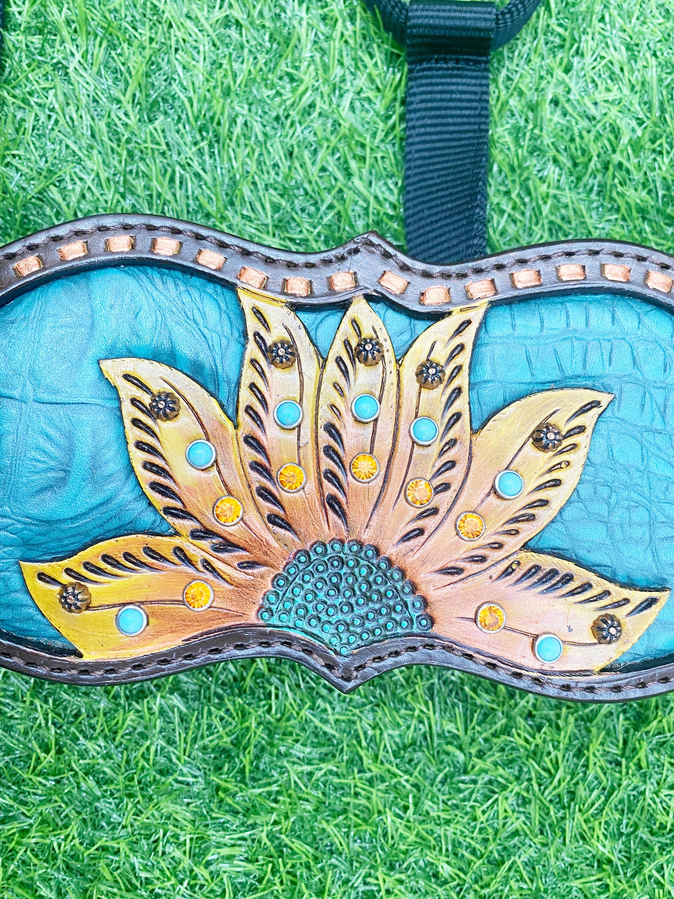 MOUSM Western Bronc Halter – Argentina Cow Leather Halter for Horse Decorated with Sunflower Carving and Turquoise Alligator Skin-Pattern Inlay, Copper Buck Stitching & Turquoise Flower Conchos