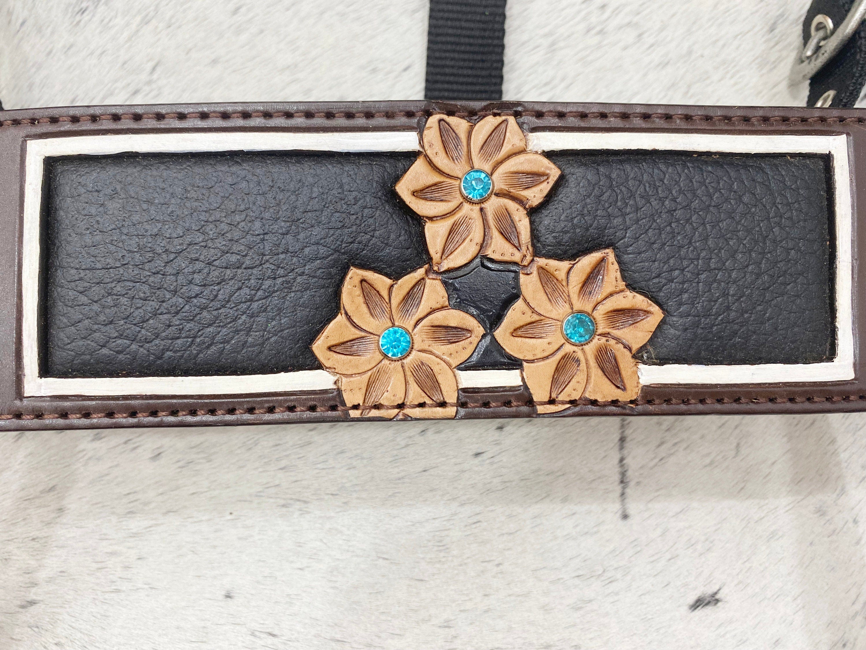 MOUSM Western Bronc Halter – Argentina Cow Leather Halter for Horse Decorated with Sunflower Carving and Brown Leather Inlay, Turquoise Stones