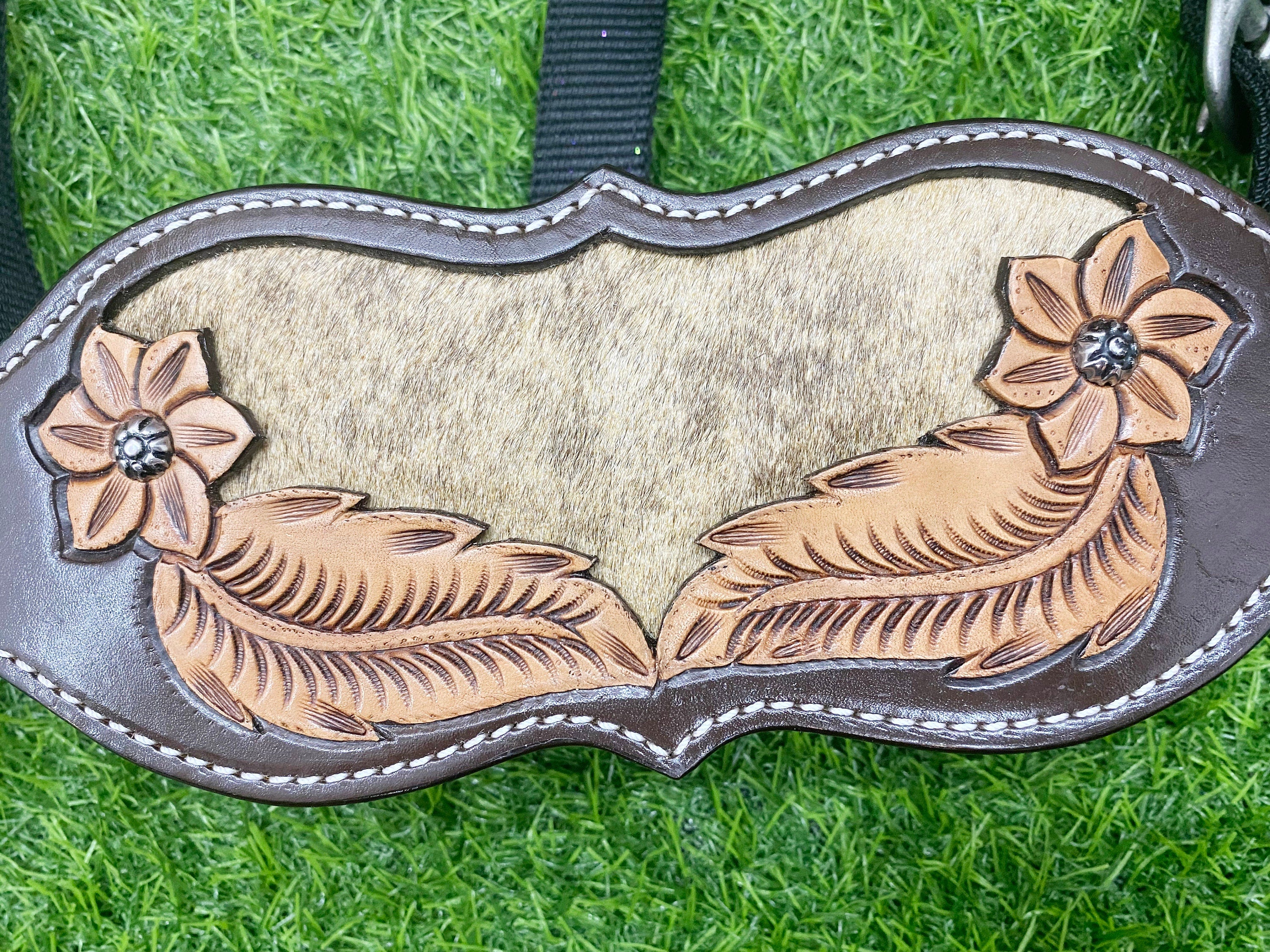 MOUSM Western Bronc Halter – Argentina Cow Leather Halter for Horse Decorated with Feather & Flower Carving, Cowhide Inlay & Antique Nickel Hardware